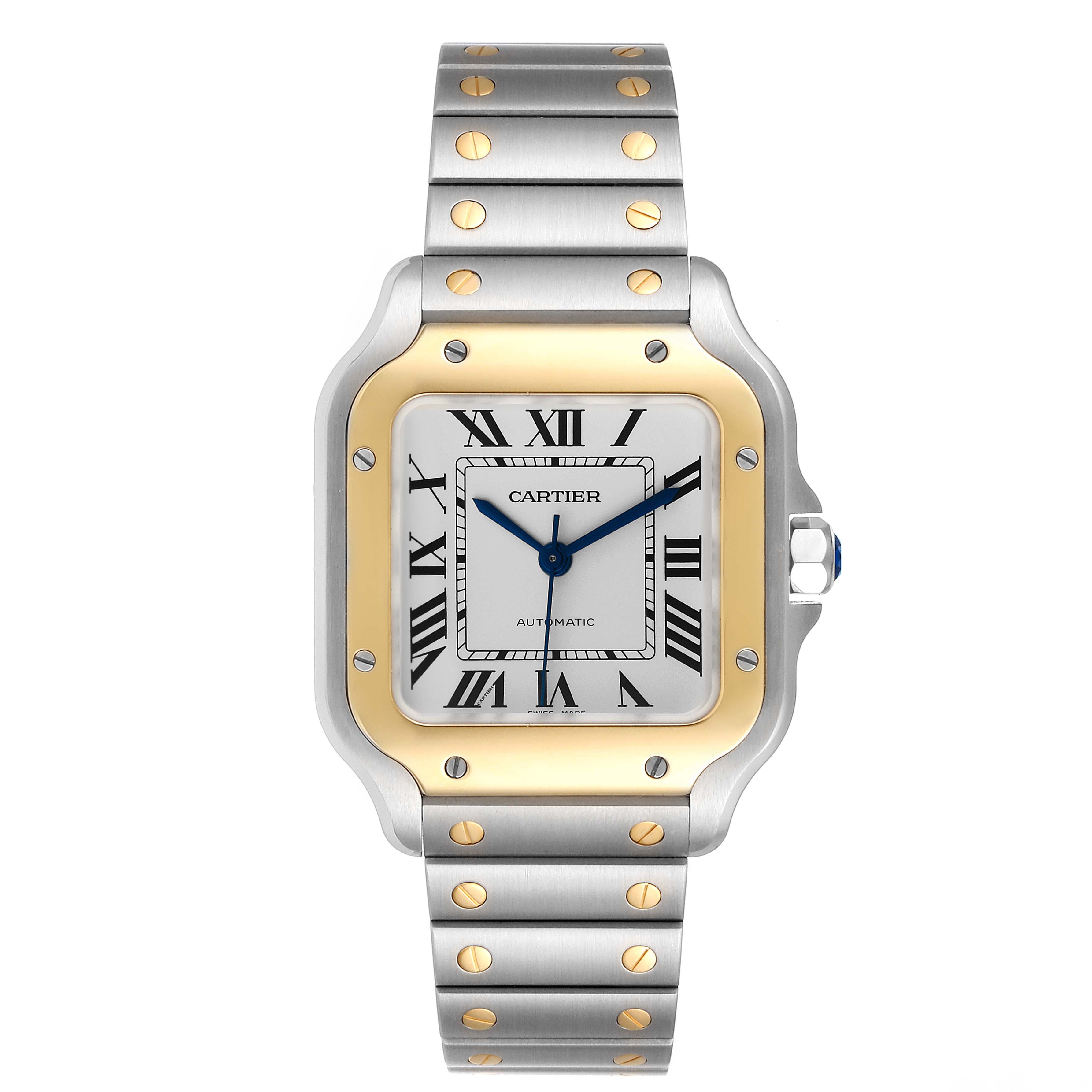 The image shows a front view of the Cartier Santos W2SA0007 Men
s Steel and Gold (two tone) Silver Dial W2SA0007 Men
s Steel and Gold (two tone) Silver Dial watch, highlighting its square face, Roman numerals, and metal bracelet.