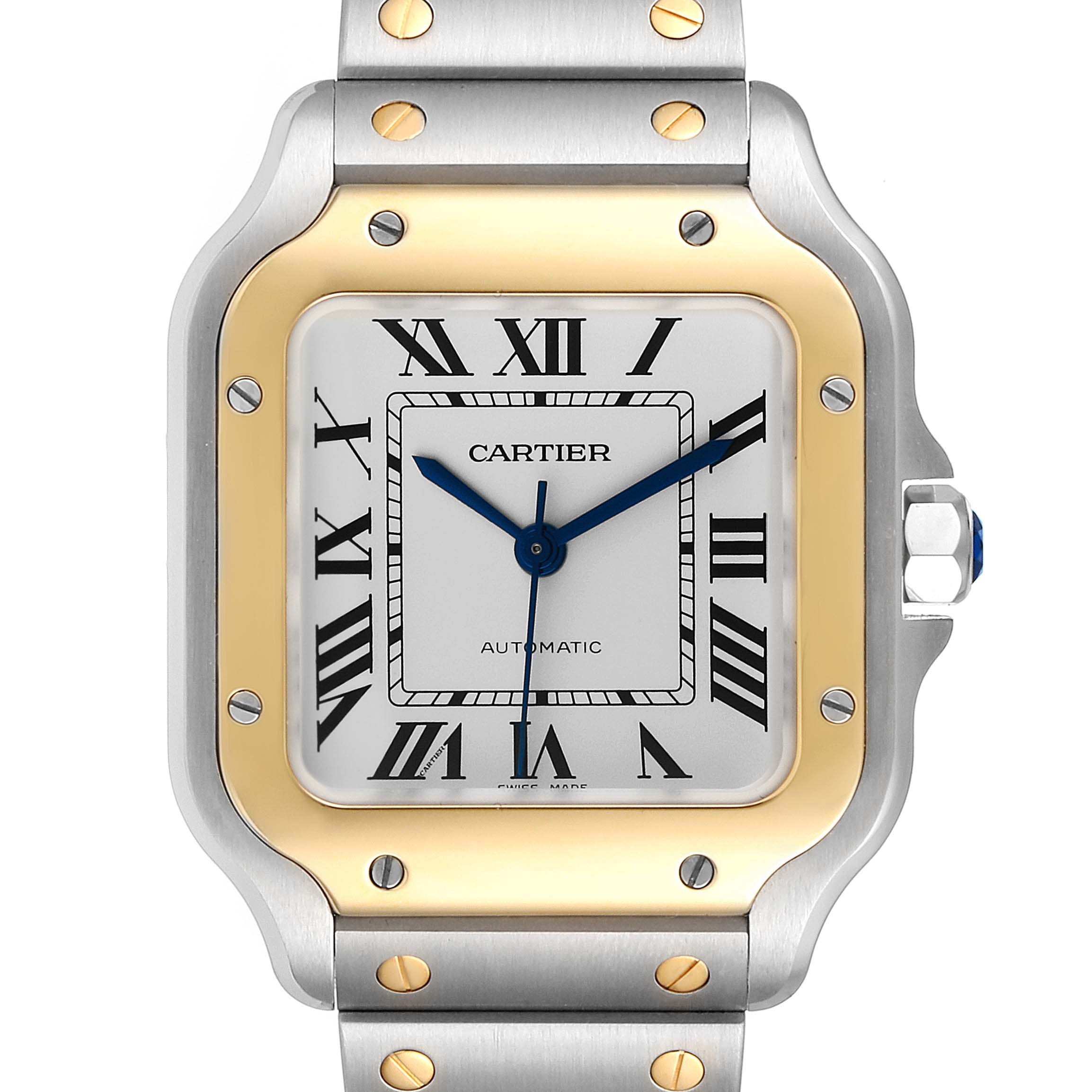 This image shows a front view of the dial and bracelet of the Santos model by Cartier.