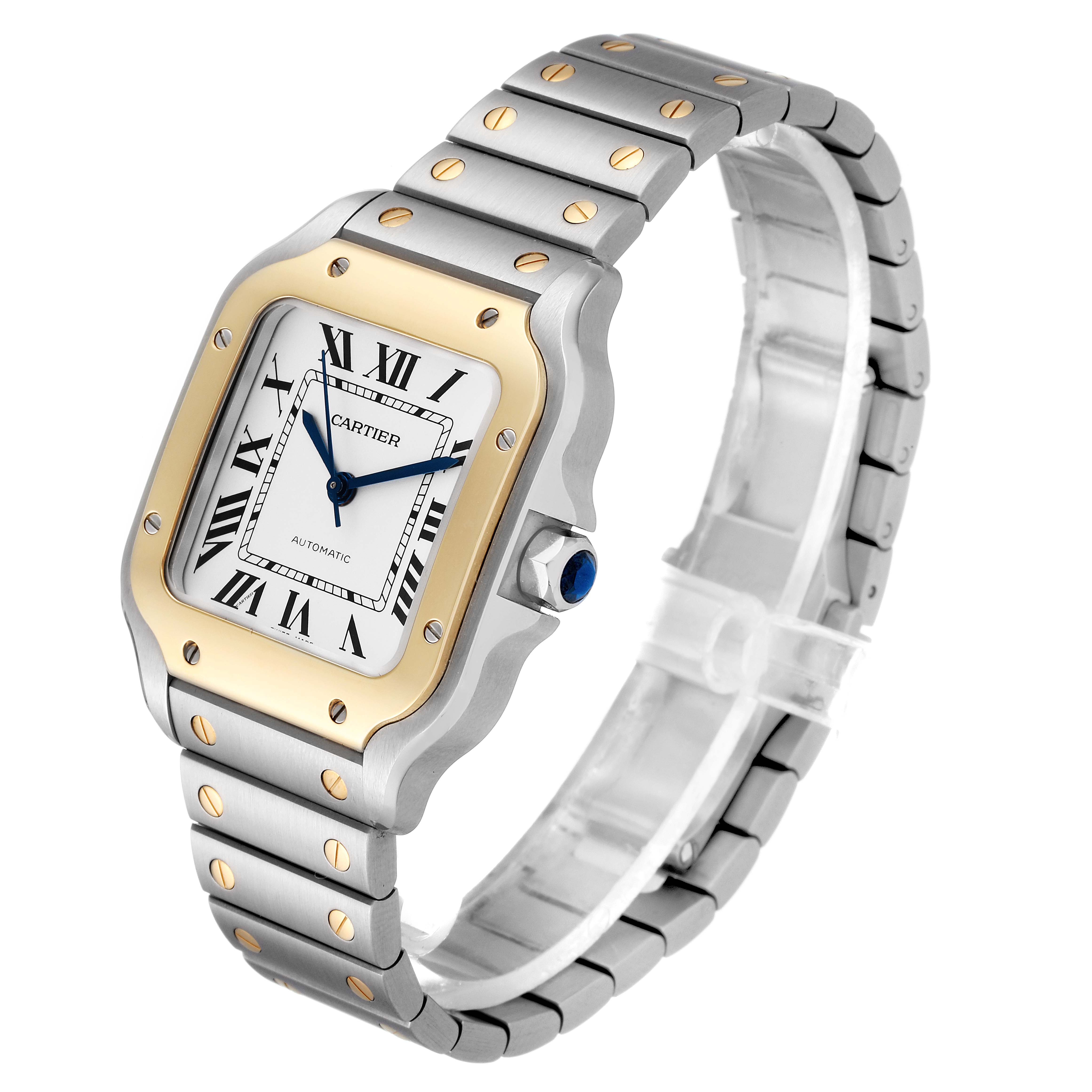 This image shows a Santos model by Cartier from an angled side view displaying the watch face, bracelet, and crown.