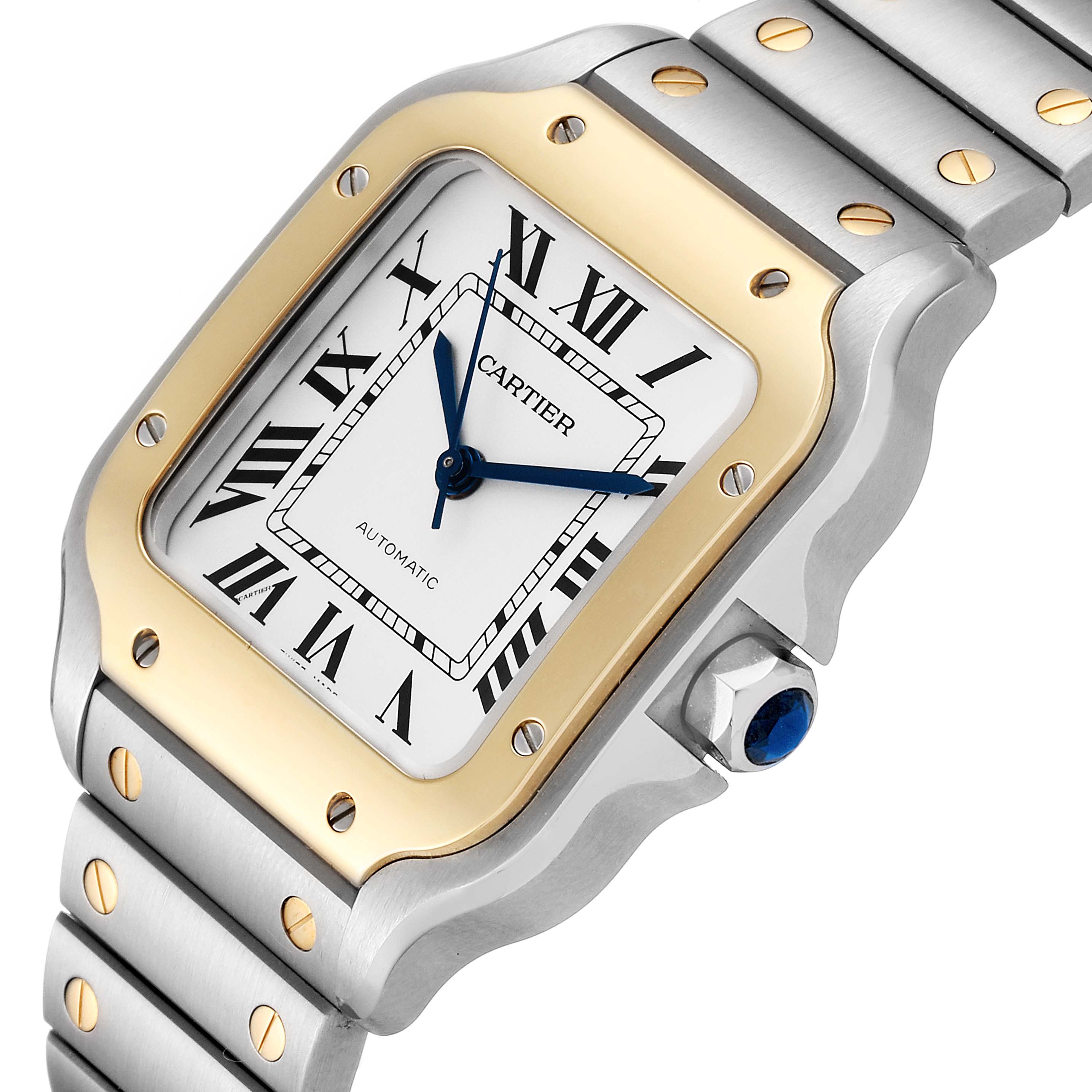 The image shows a close-up of the front and side of a Cartier Santos W2SA0007 Men
s Steel and Gold (two tone) Silver Dial W2SA0007 Men
s Steel and Gold (two tone) Silver Dial watch, highlighting its dial, bezel, and part of the bracelet.
