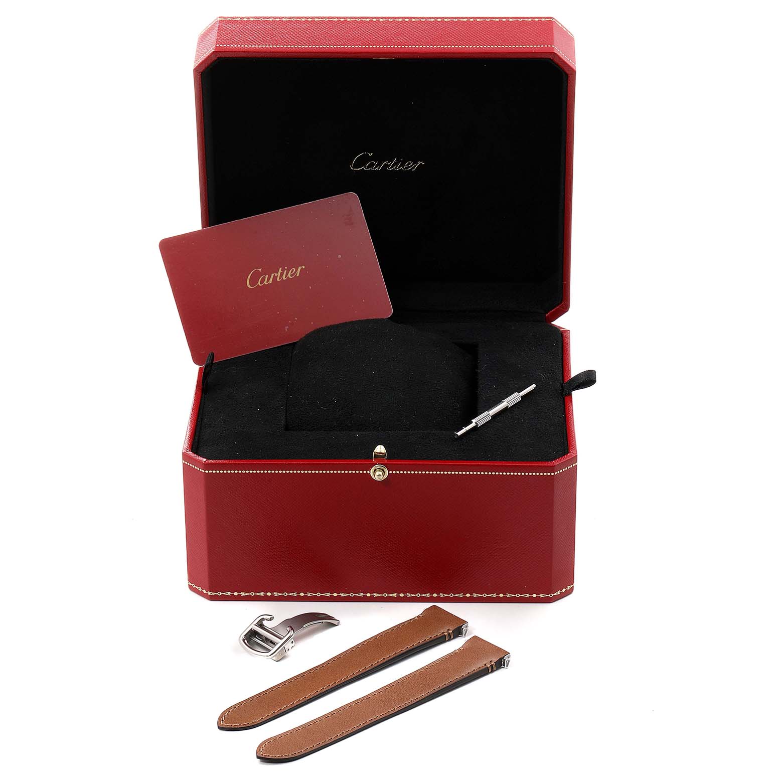 The image shows a Cartier Santos W2SA0007 Men
s Steel and Gold (two tone) Silver Dial W2SA0007 Men
s Steel and Gold (two tone) Silver Dial watch box with additional accessories, including a strap, tool, and clasp.