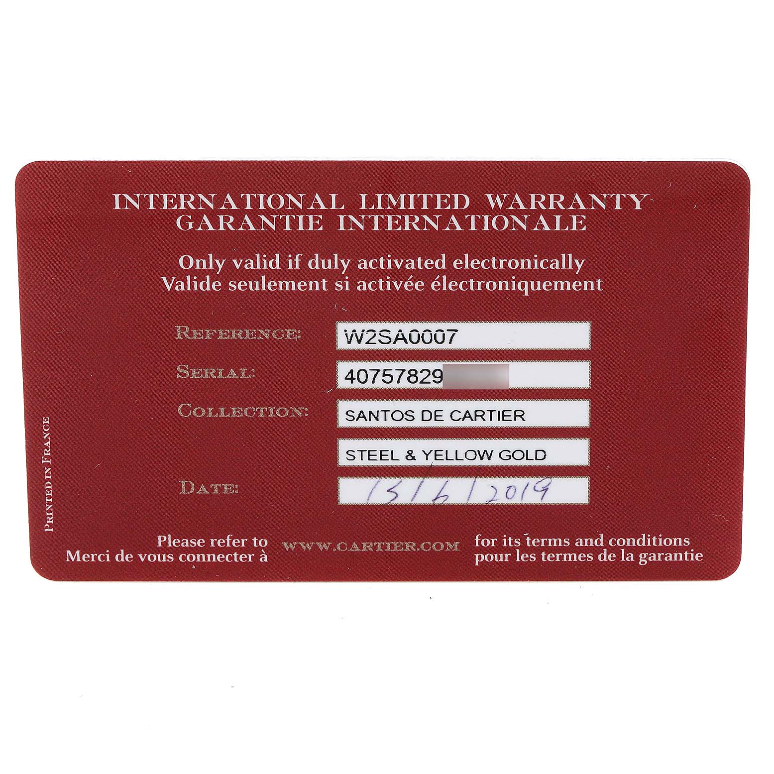 This is the warranty card for a Santos de Cartier watch, displaying reference, serial number, collection, and materials.
