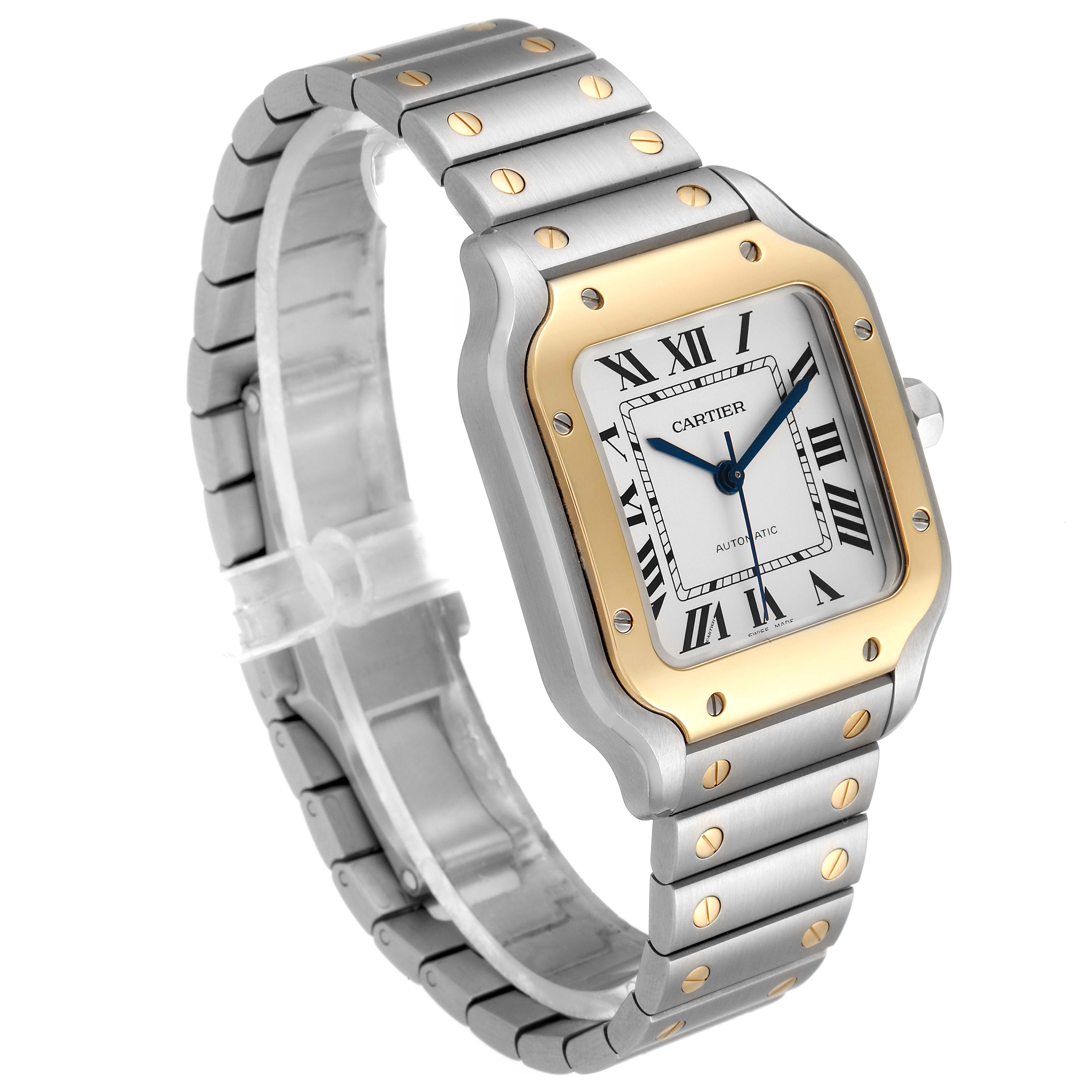 This image shows a Cartier Santos W2SA0007 Men
s Steel and Gold (two tone) Silver Dial W2SA0007 Men
s Steel and Gold (two tone) Silver Dial watch at an angled side view, highlighting the face, bezel, and bracelet.