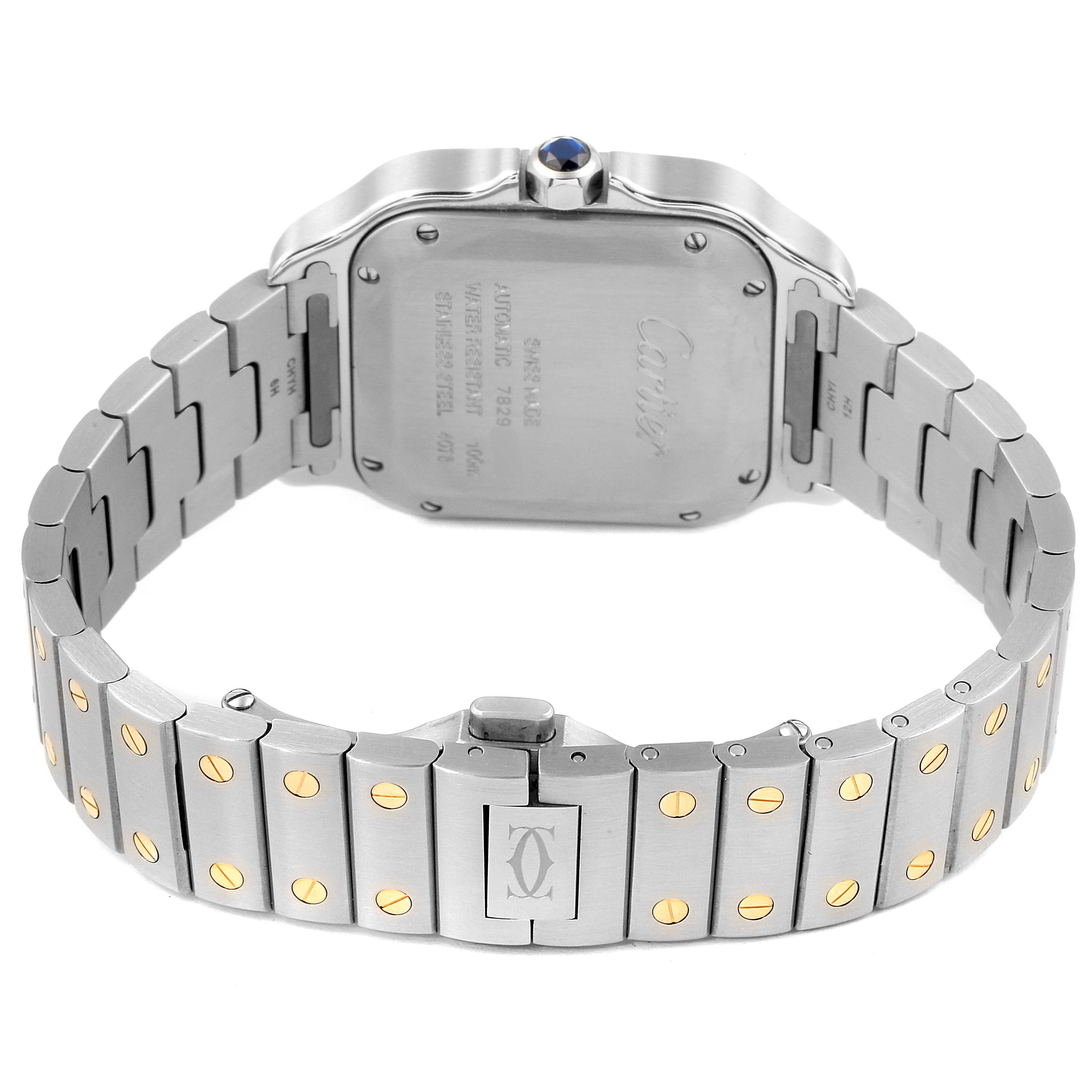 The image shows the back view of a Cartier Santos W2SA0007 Men
s Steel and Gold (two tone) Silver Dial W2SA0007 Men
s Steel and Gold (two tone) Silver Dial watch, highlighting its case back, crown, and metal bracelet.