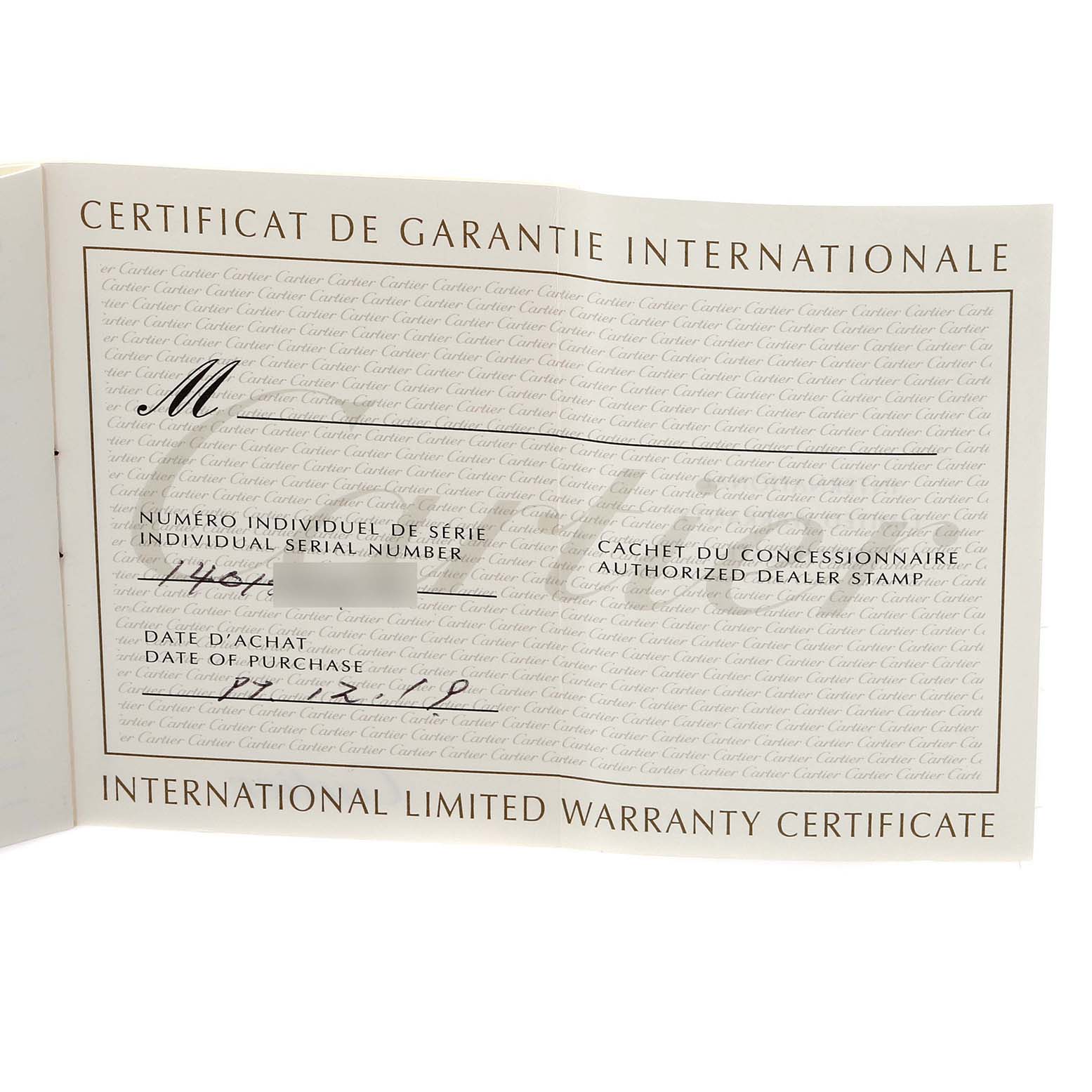 This image shows the international limited warranty certificate for the Santos model by Cartier.