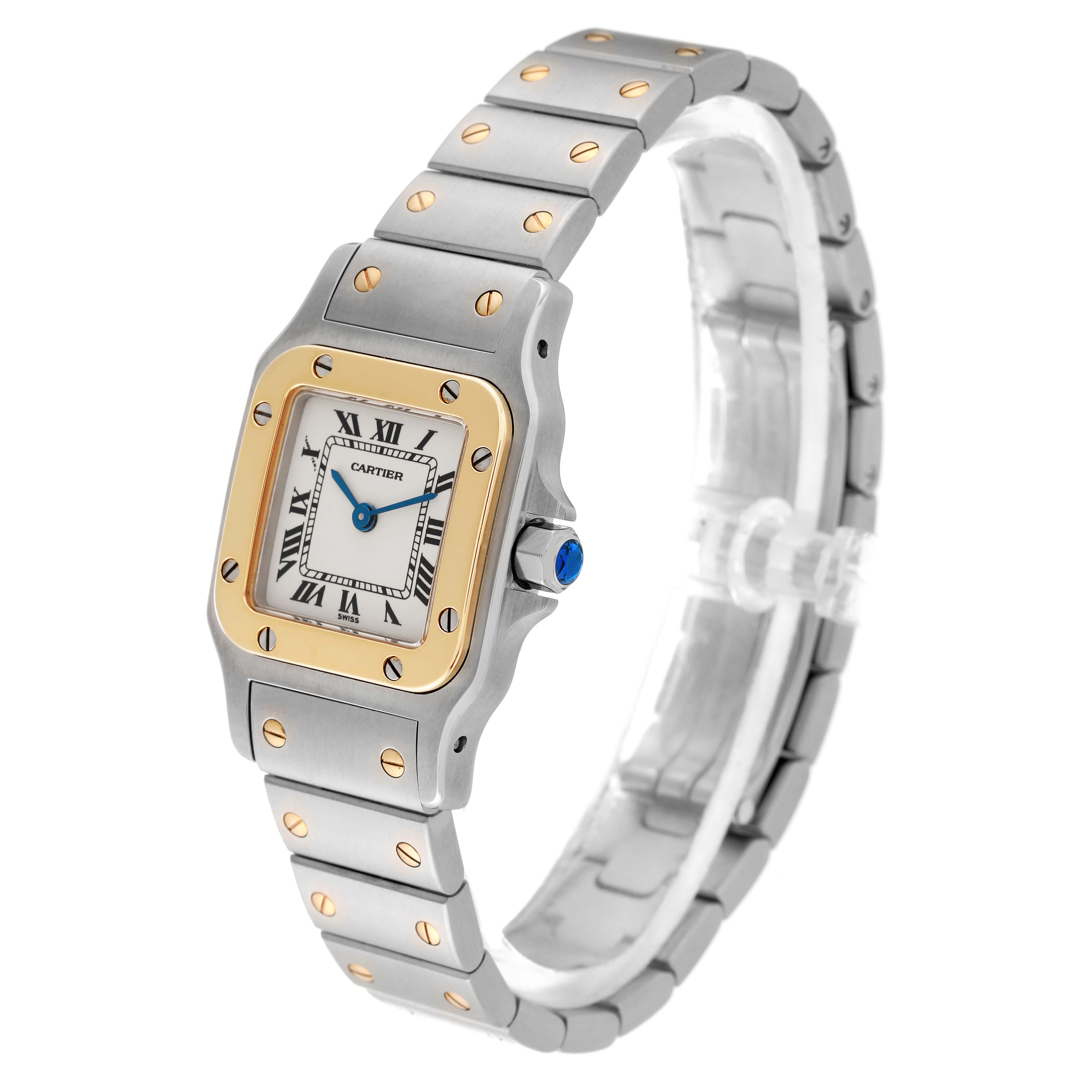 The image shows a Cartier Santos W20012C4 Women's Steel and Gold (two tone) Silver Dial W20012C4 Women's Steel and Gold (two tone) Silver Dial model watch from a three-quarter angle, highlighting the face, bezel, crown, and bracelet.