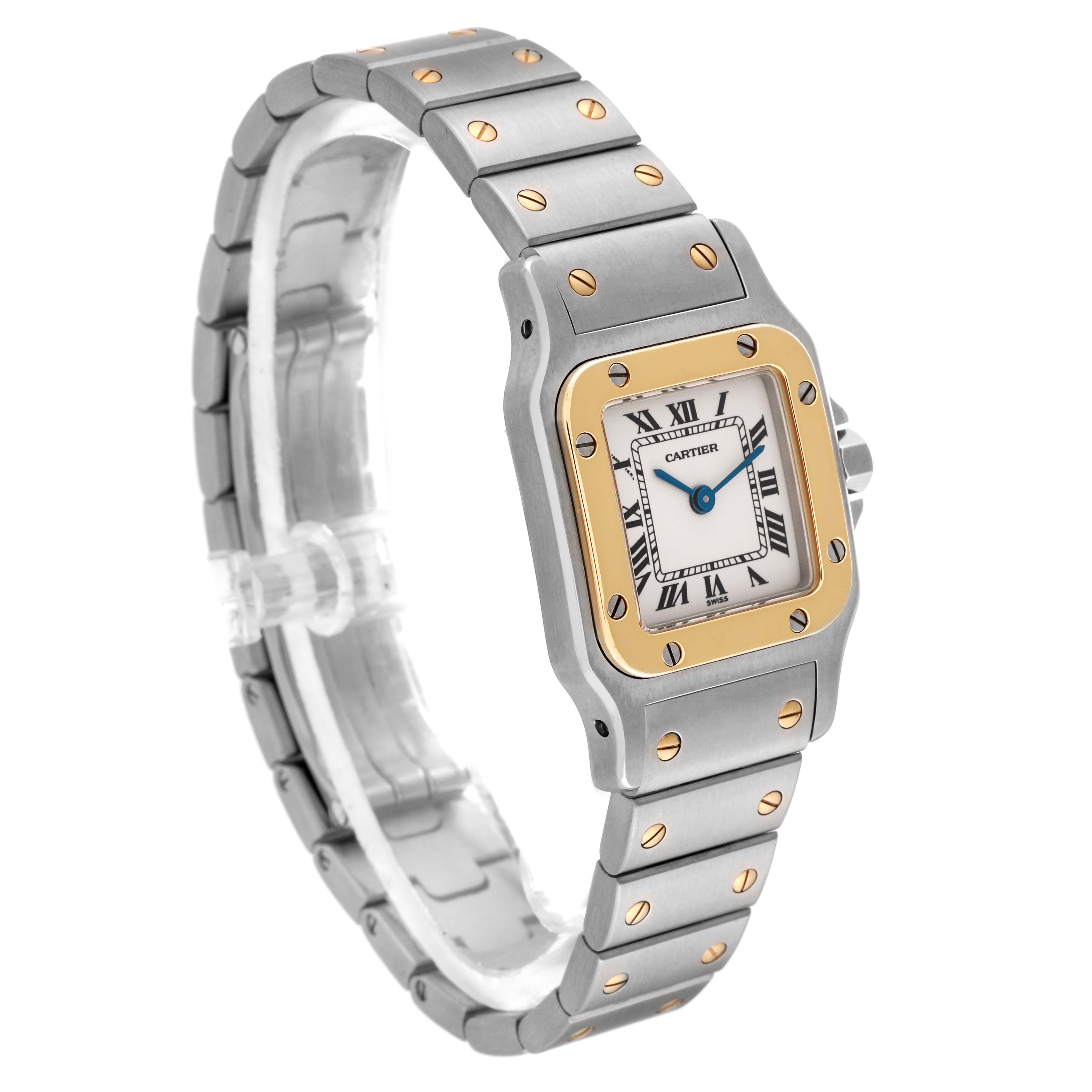 The image shows a Cartier Santos W20012C4 Women's Steel and Gold (two tone) Silver Dial W20012C4 Women's Steel and Gold (two tone) Silver Dial watch from an angled side view, highlighting the face, bezel, and metal bracelet.
