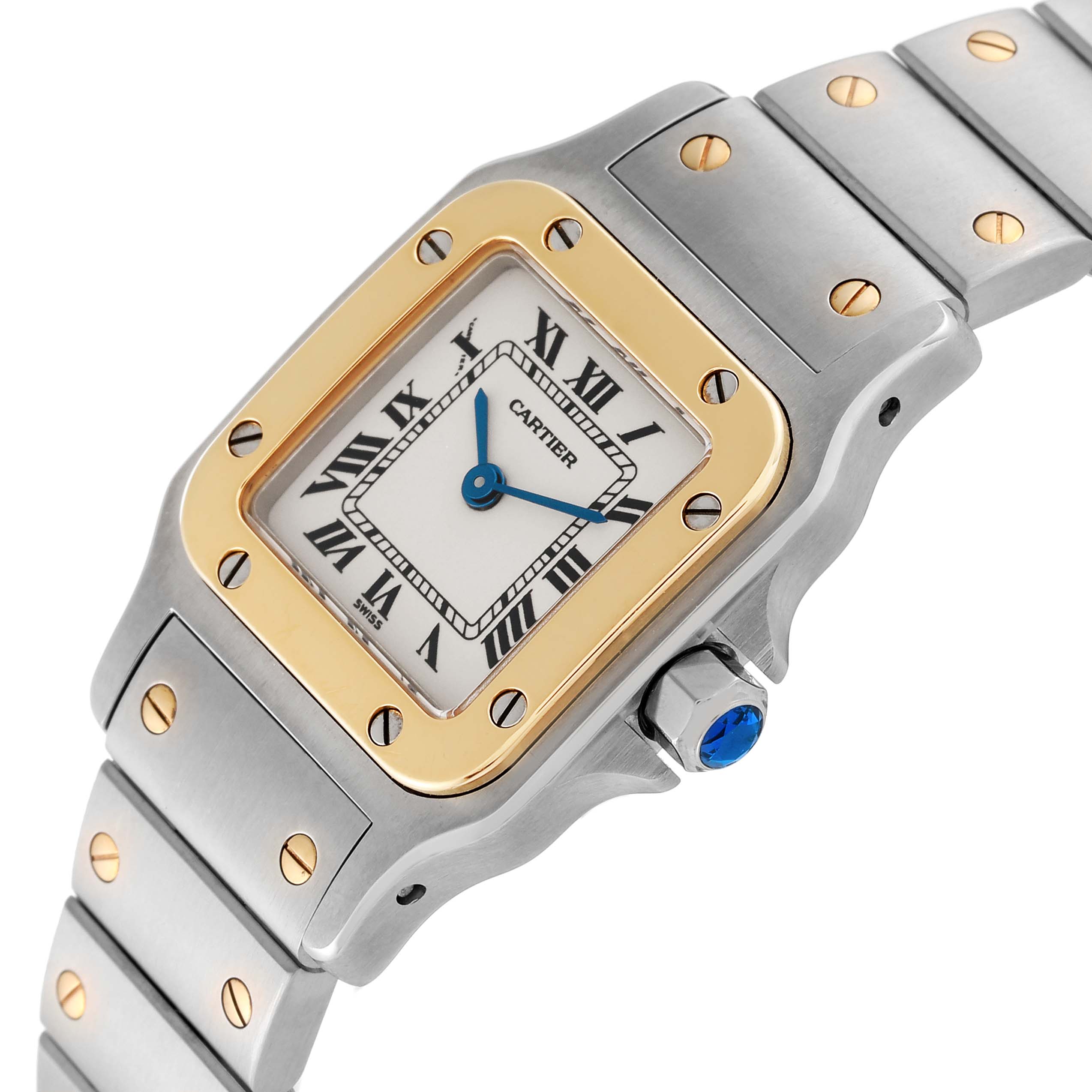 The angled view shows the face, bezel, crown with blue gemstone, and partial bracelet of the Cartier Santos W20012C4 Women's Steel and Gold (two tone) Silver Dial W20012C4 Women's Steel and Gold (two tone) Silver Dial watch.