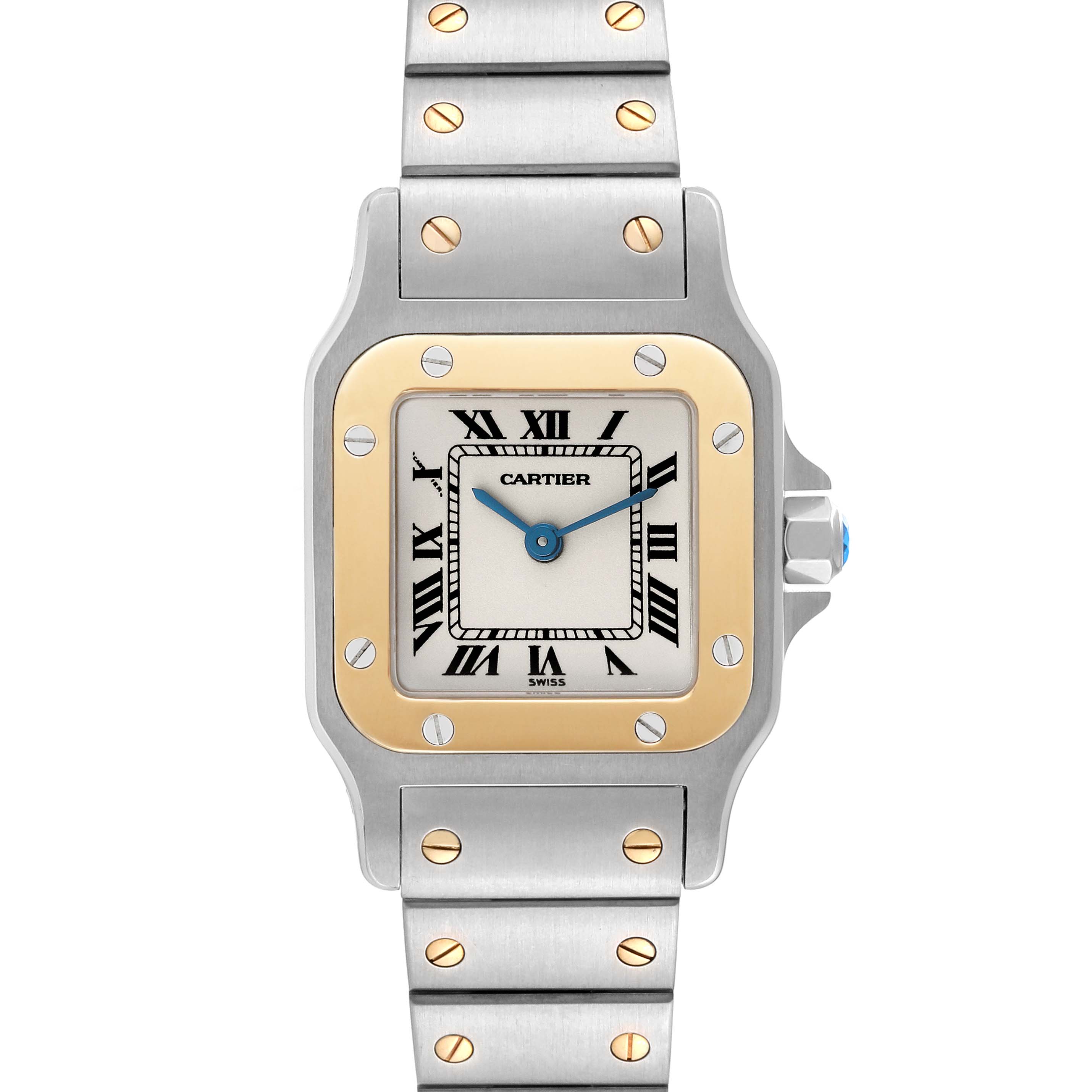 The image shows a front view of the Cartier Santos W20012C4 Women's Steel and Gold (two tone) Silver Dial W20012C4 Women's Steel and Gold (two tone) Silver Dial watch, highlighting its square face, Roman numerals, and metal bracelet.