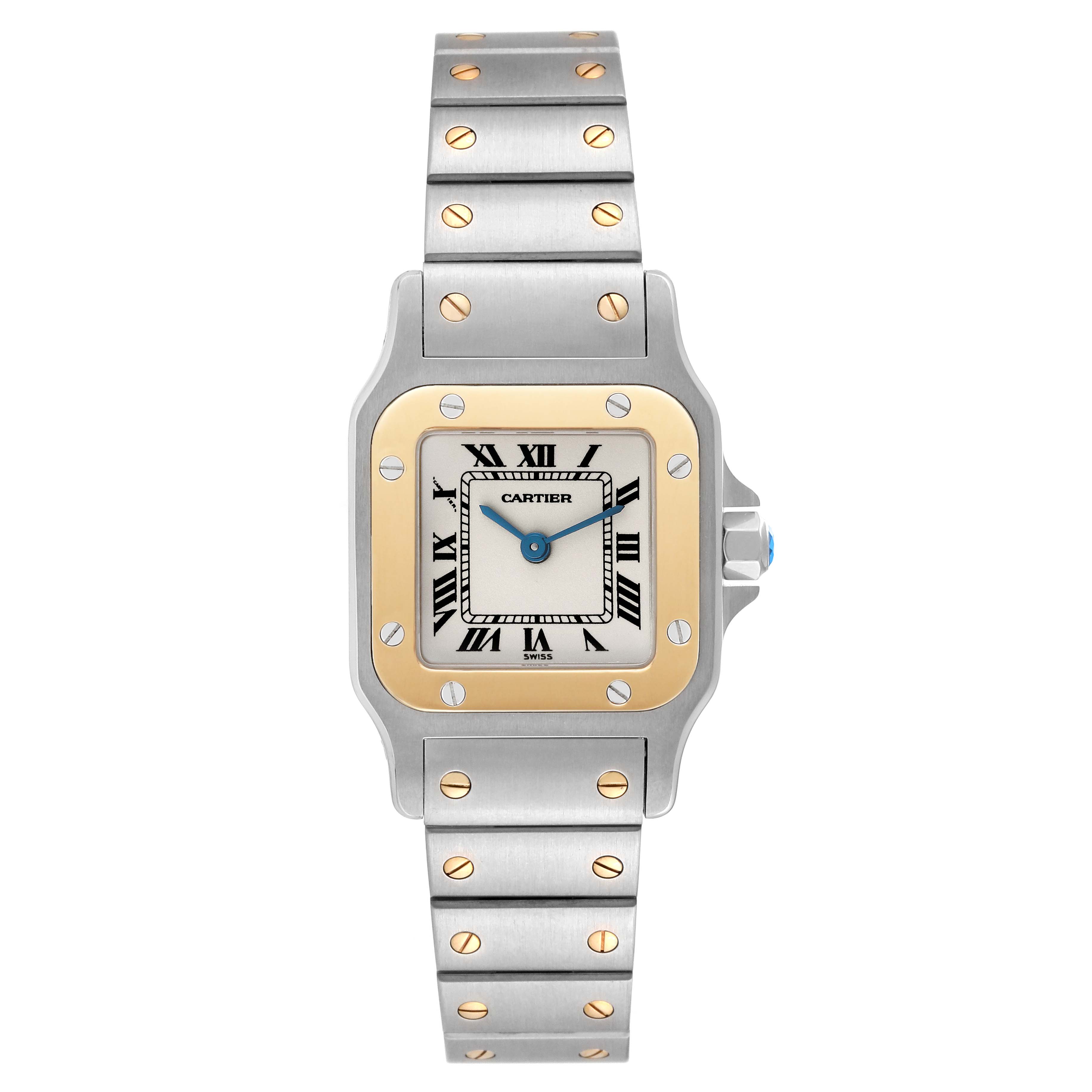 The image shows a frontal view of a Cartier Santos W20012C4 Women's Steel and Gold (two tone) Silver Dial W20012C4 Women's Steel and Gold (two tone) Silver Dial watch, highlighting its face, bezel, and bracelet.