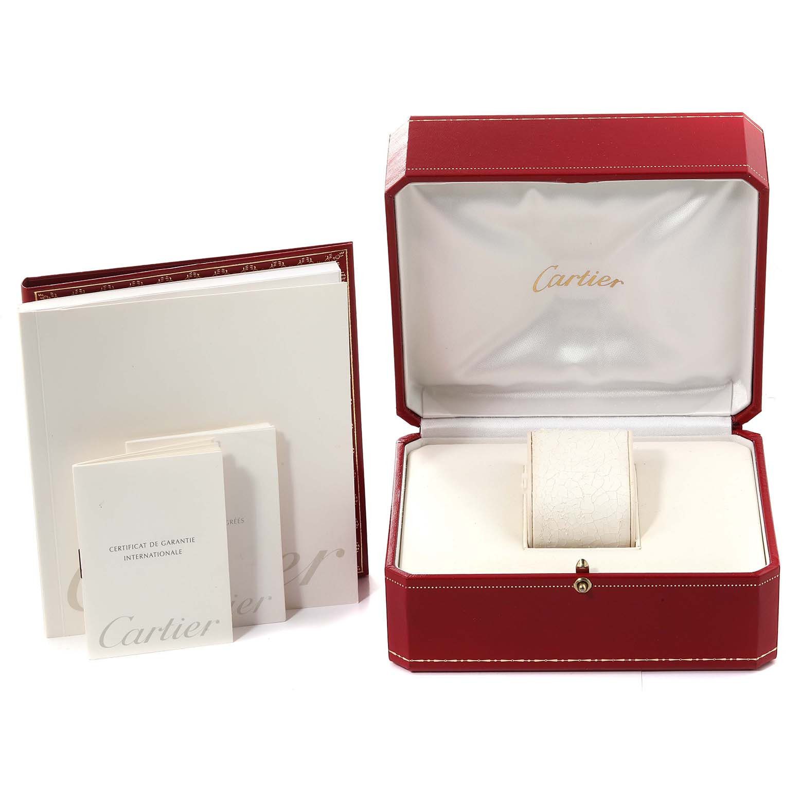 The image shows the packaging and accompanying booklets for the Cartier Santos W20012C4 Women's Steel and Gold (two tone) Silver Dial W20012C4 Women's Steel and Gold (two tone) Silver Dial model watch, including a red box and warranty booklet.