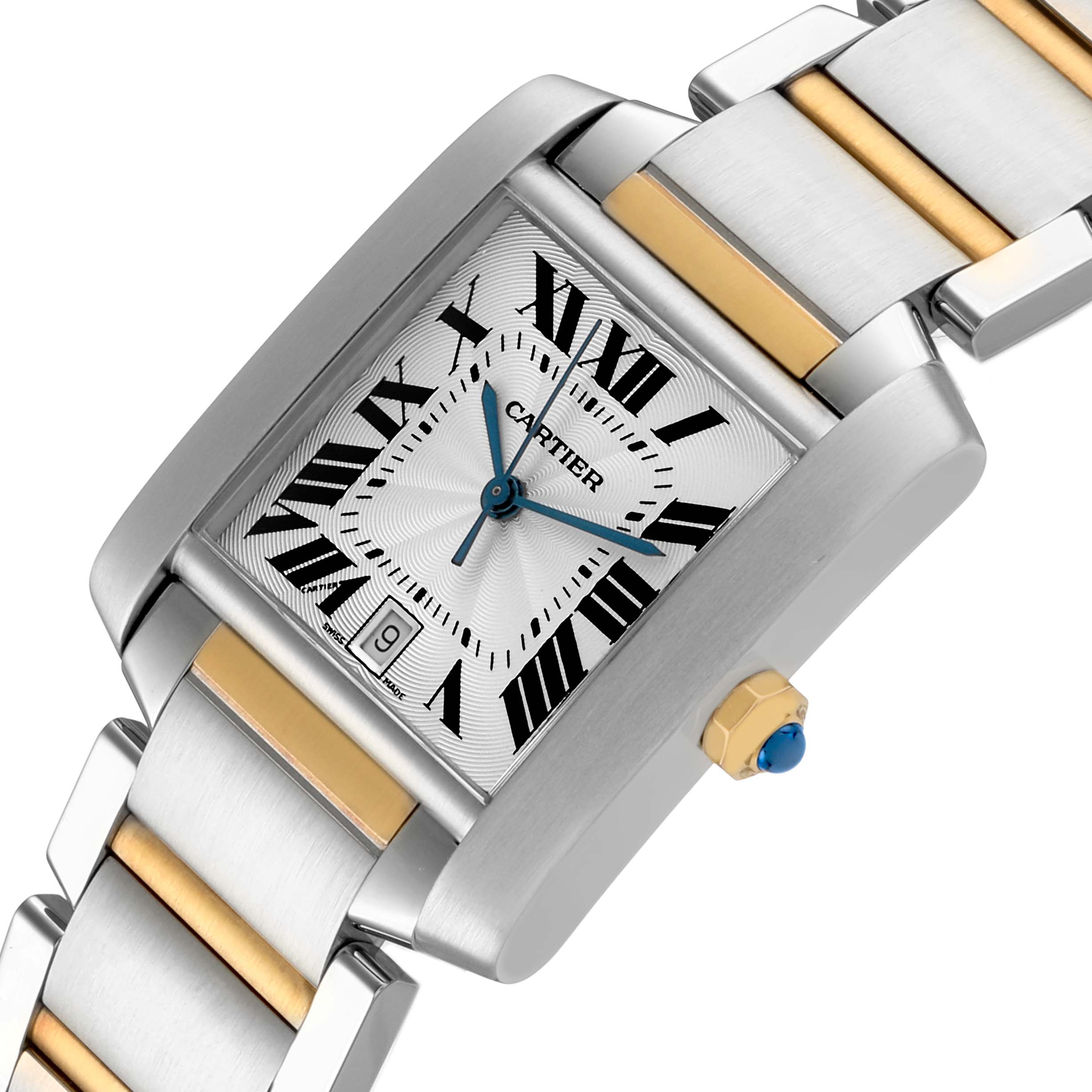 The image shows a Cartier Tank Française watch at a slight angle, highlighting its rectangular face, Roman numerals, and bi-metal bracelet.