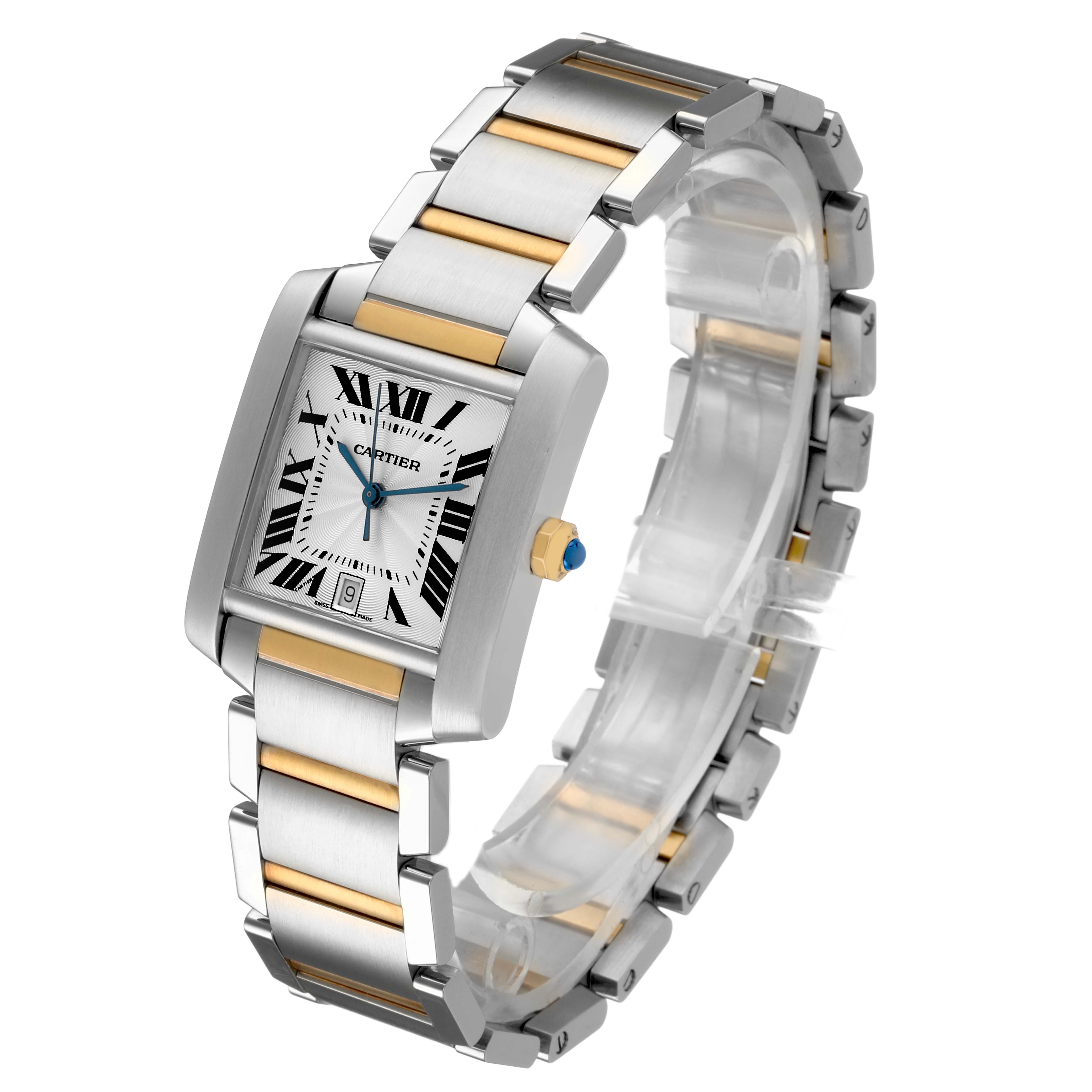 The Cartier Tank Française watch is shown at a slight angle, highlighting the face, bracelet, and crown with a blue cabochon.