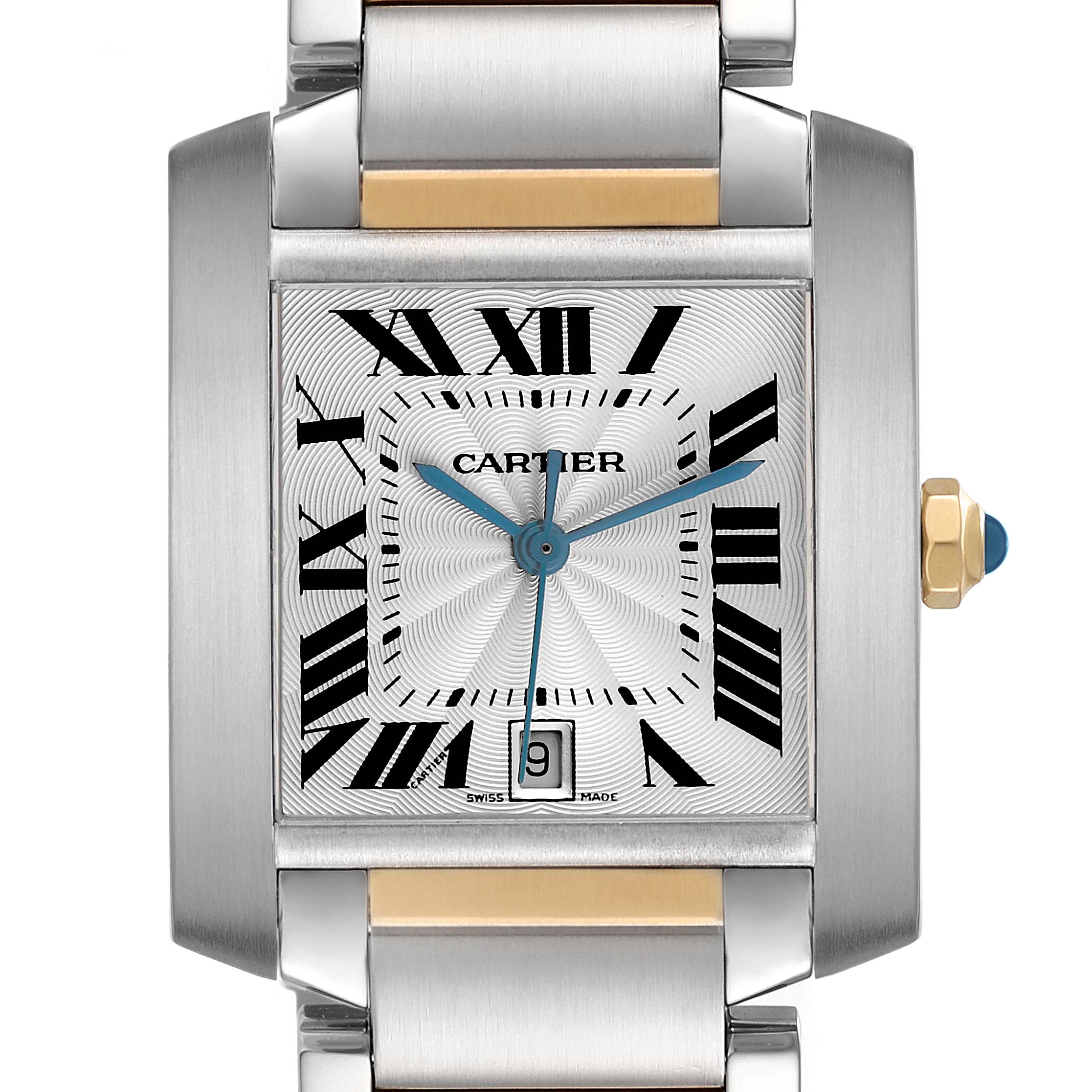 The Cartier Tank Francaise W51005Q4 Men's Steel and Gold (two tone) Silver Dial watch is shown from the front, displaying the dial, Roman numerals, blue hands, and crown with a blue cabochon.