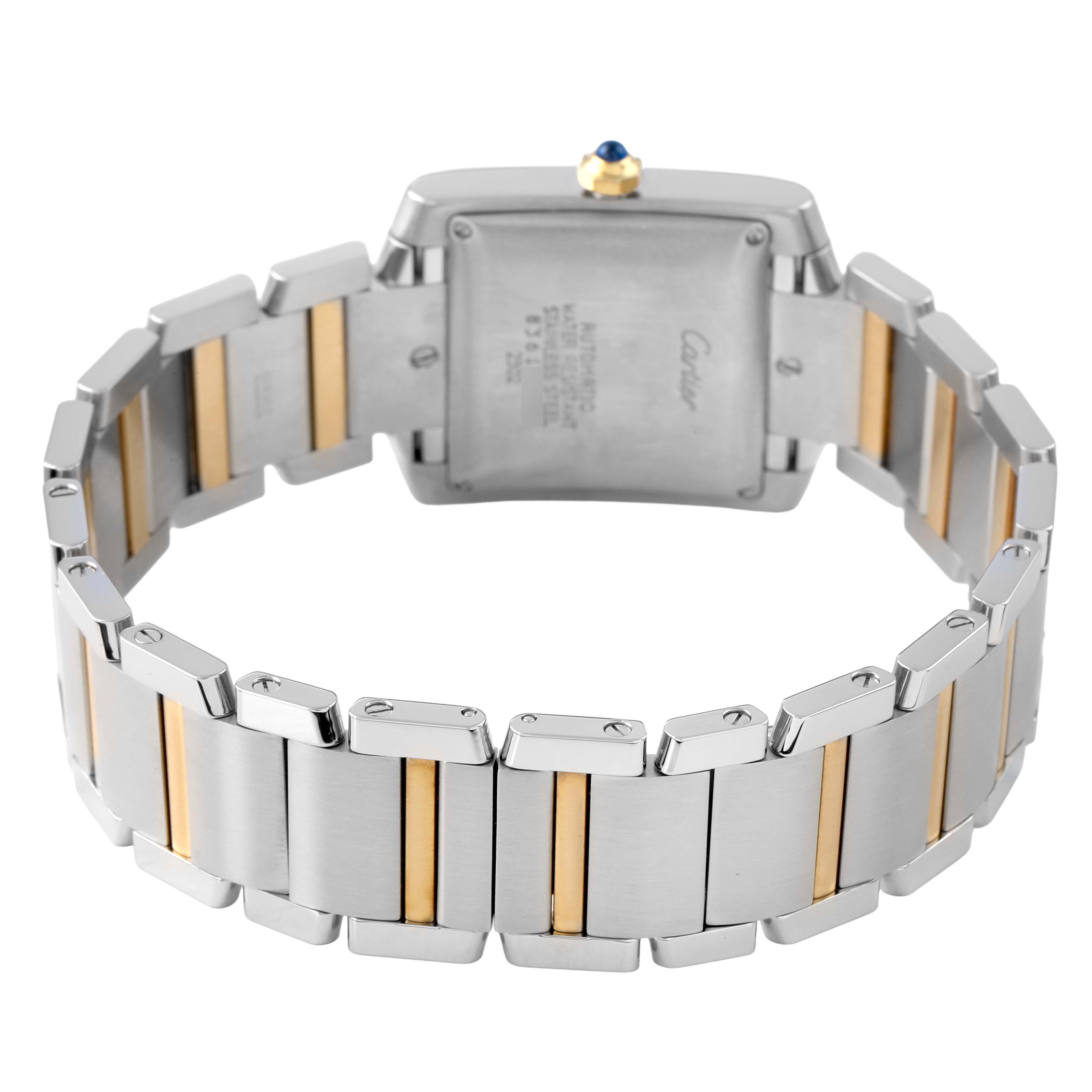The Cartier Tank Française watch is shown from the back, highlighting its gold and stainless steel bracelet and closed clasp.