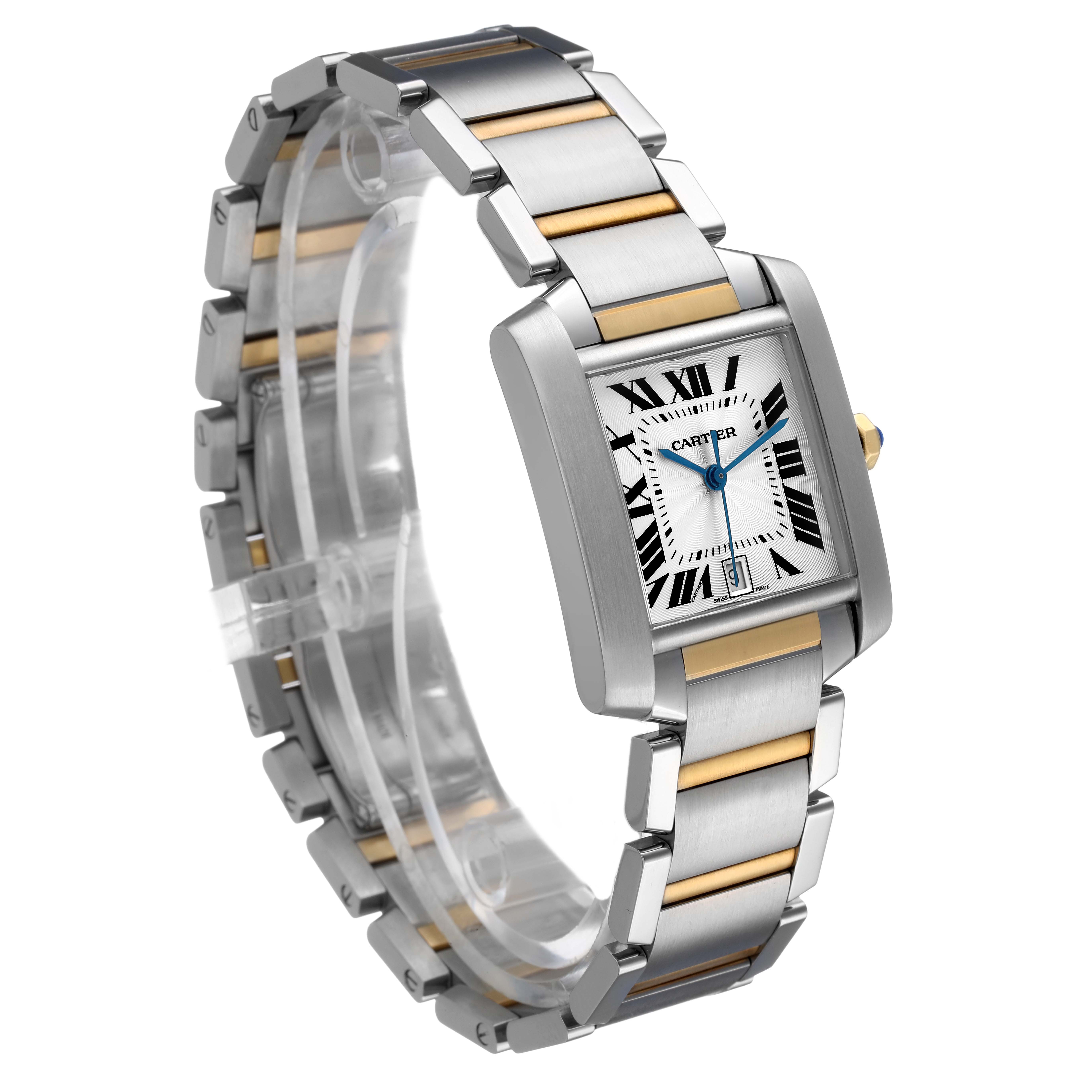 The Cartier Tank Française watch is angled to display the face, crown, bracelet, and two-tone links.