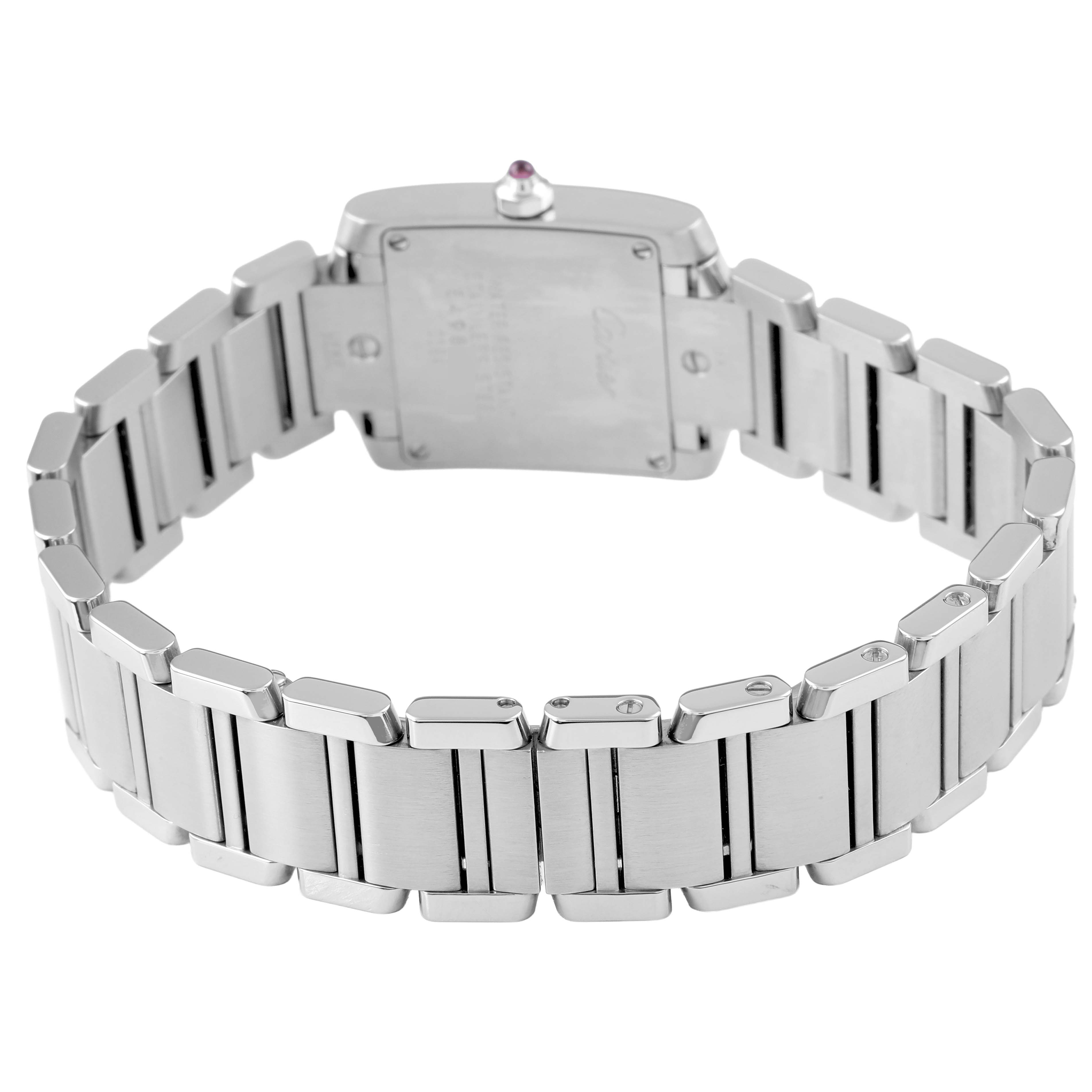 The image shows the back view of the Cartier Tank Francaise W51028Q3 Women's Stainless Steel Mother of Pearl Dial, highlighting the stainless steel bracelet and case back.