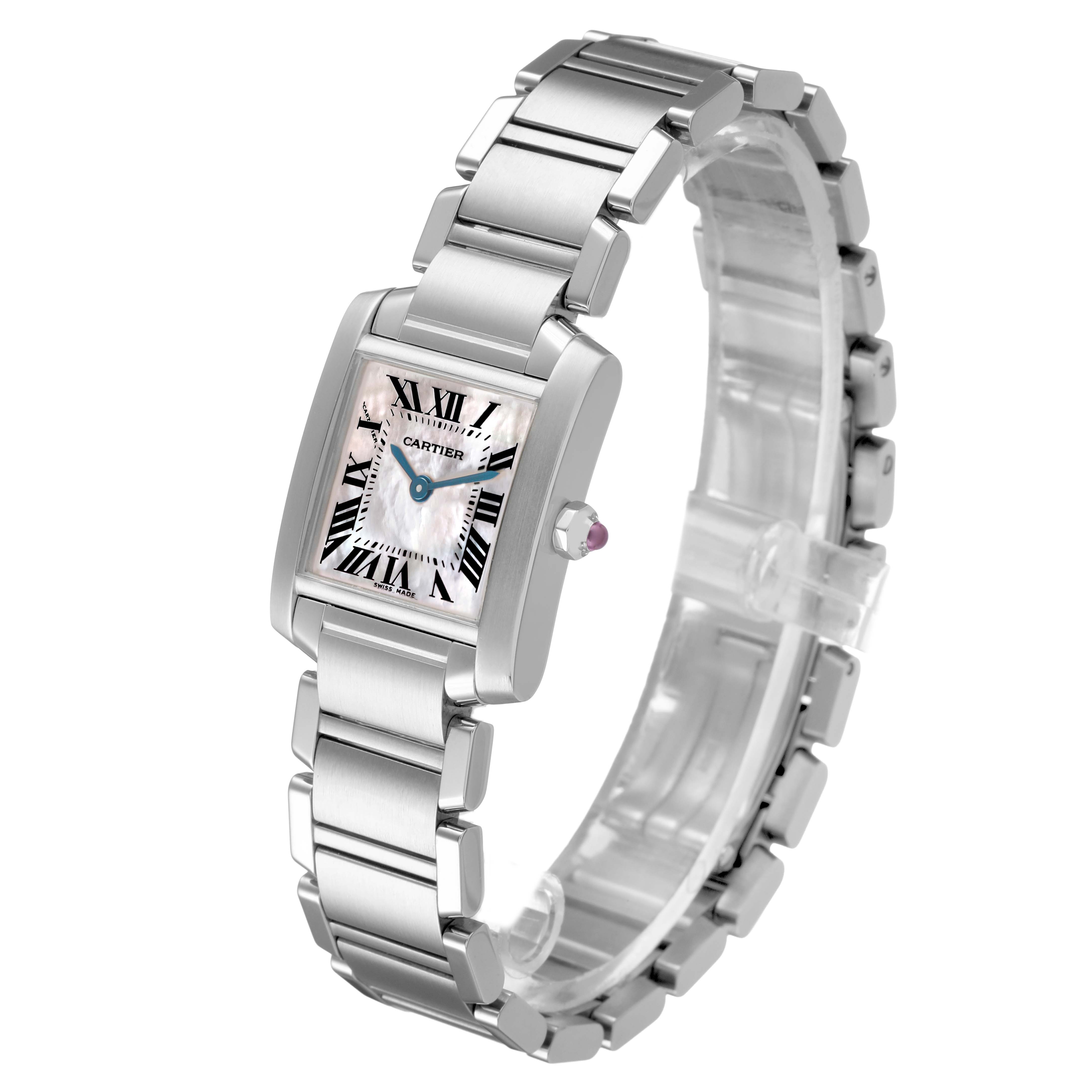 The Cartier Tank Française watch is shown at a slight angle, highlighting its rectangular face, Roman numerals, and metal bracelet.