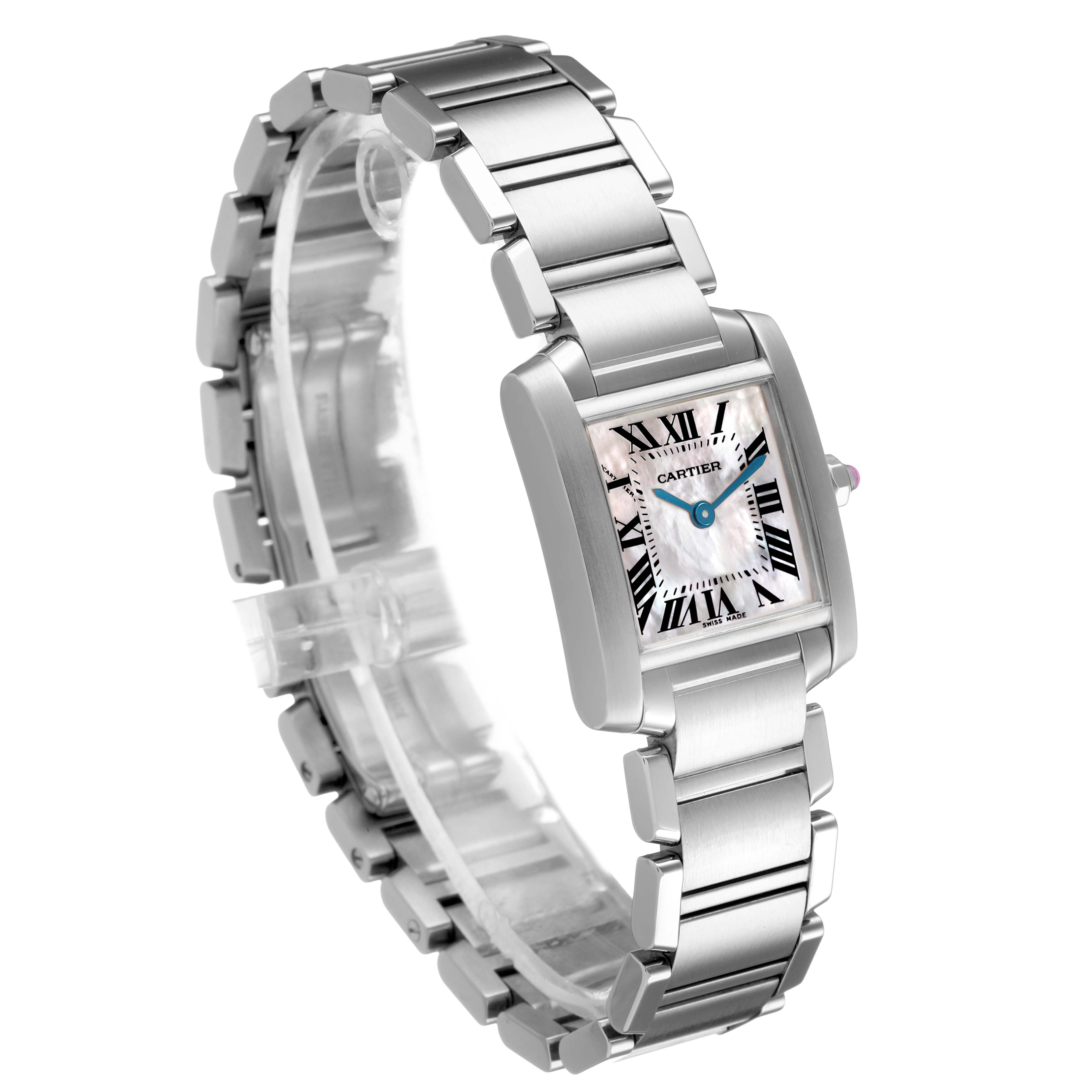 The Cartier Tank Francaise W51028Q3 Women's Stainless Steel Mother of Pearl Dial watch is shown at a three-quarter angle, highlighting the bracelet and rectangular face with Roman numerals.