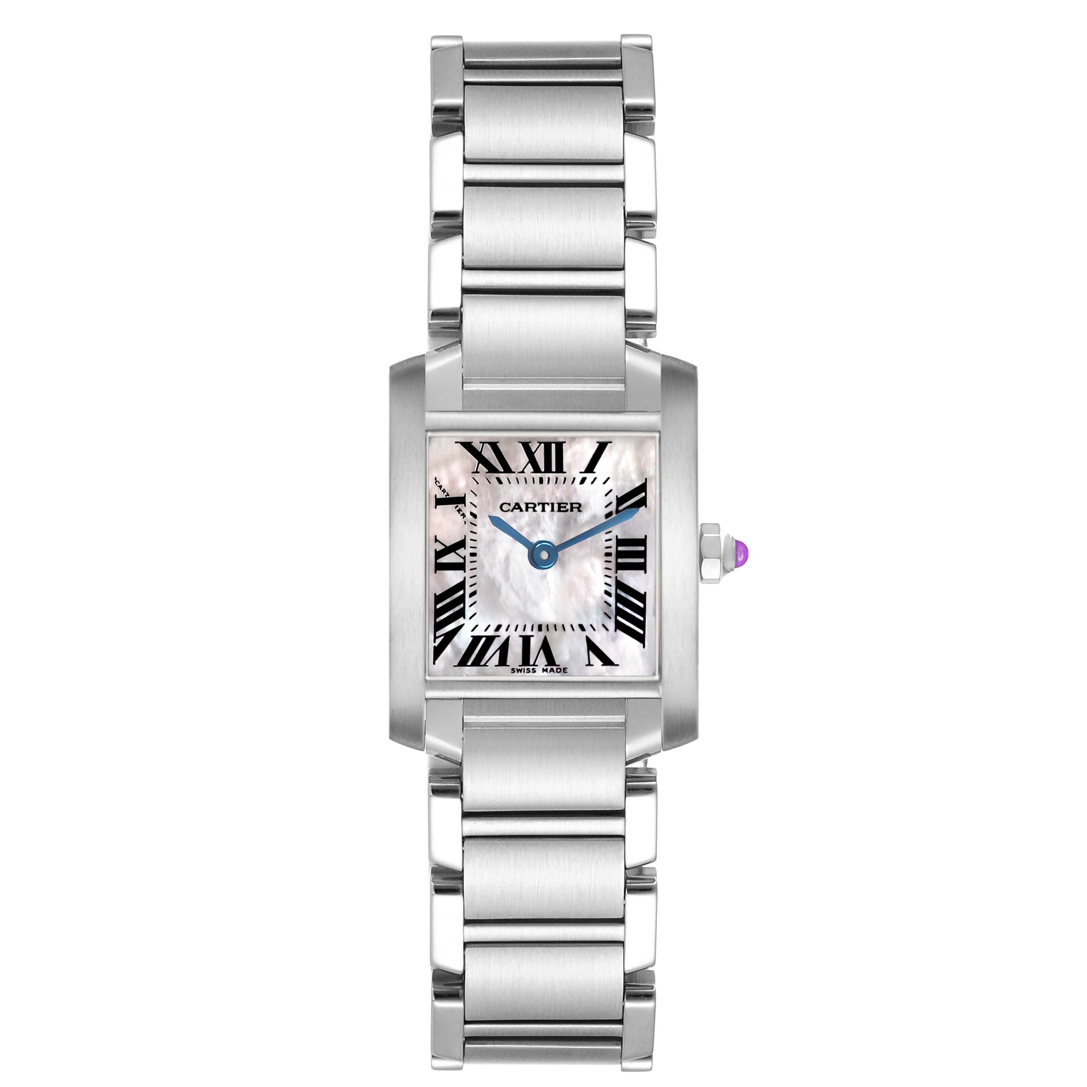 The Cartier Tank Française watch is shown from a top-down angle, highlighting its dial, bracelet, and crown.