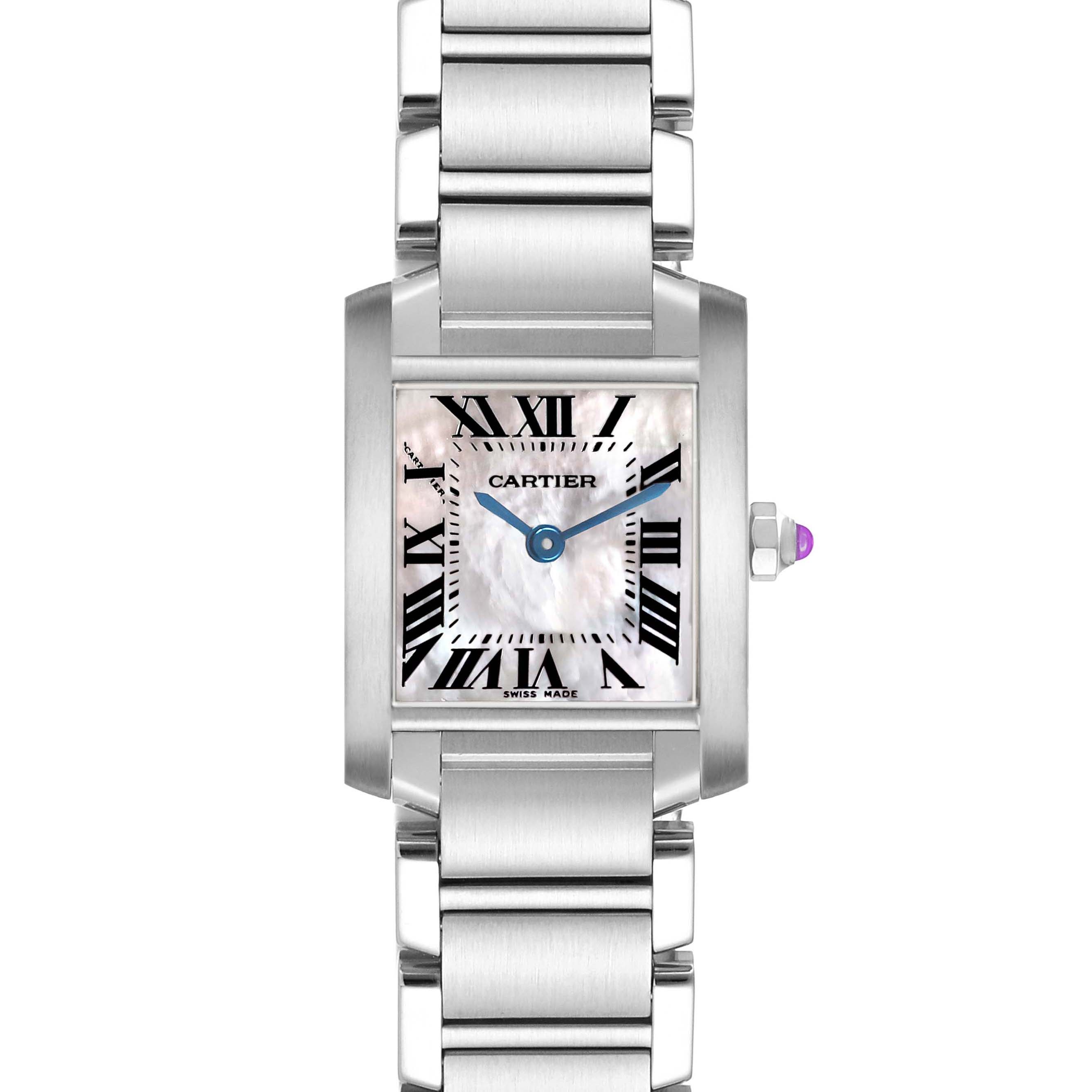 The Cartier Tank Francaise W51028Q3 Women's Stainless Steel Mother of Pearl Dial watch is shown from a frontal angle, displaying the face, dial, bracelet, and crown.
