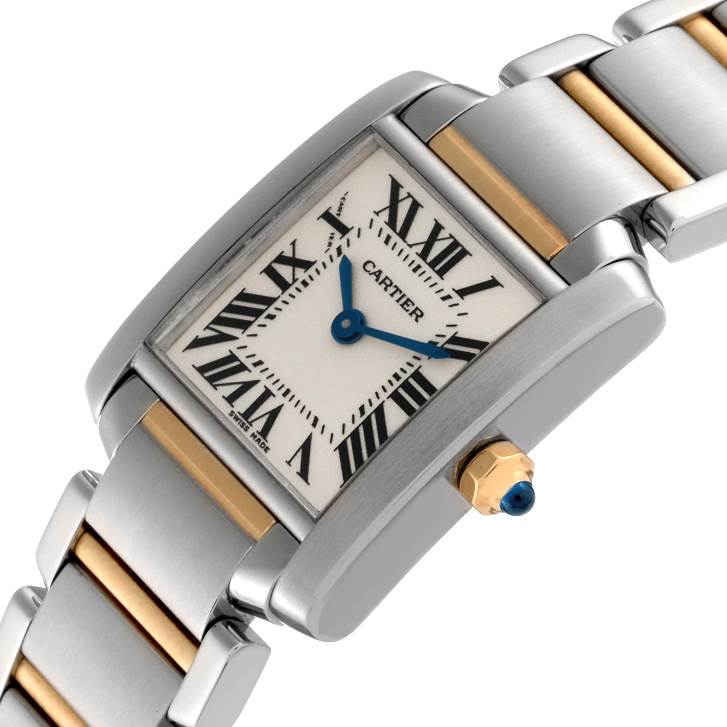 This is a close-up angle showing the face, bezel, crown, and part of the bracelet of the Cartier Tank Francaise W51007Q4 Women's Stainless Steel Silver Dial W51007Q4 Women's Stainless Steel Silver Dial watch.