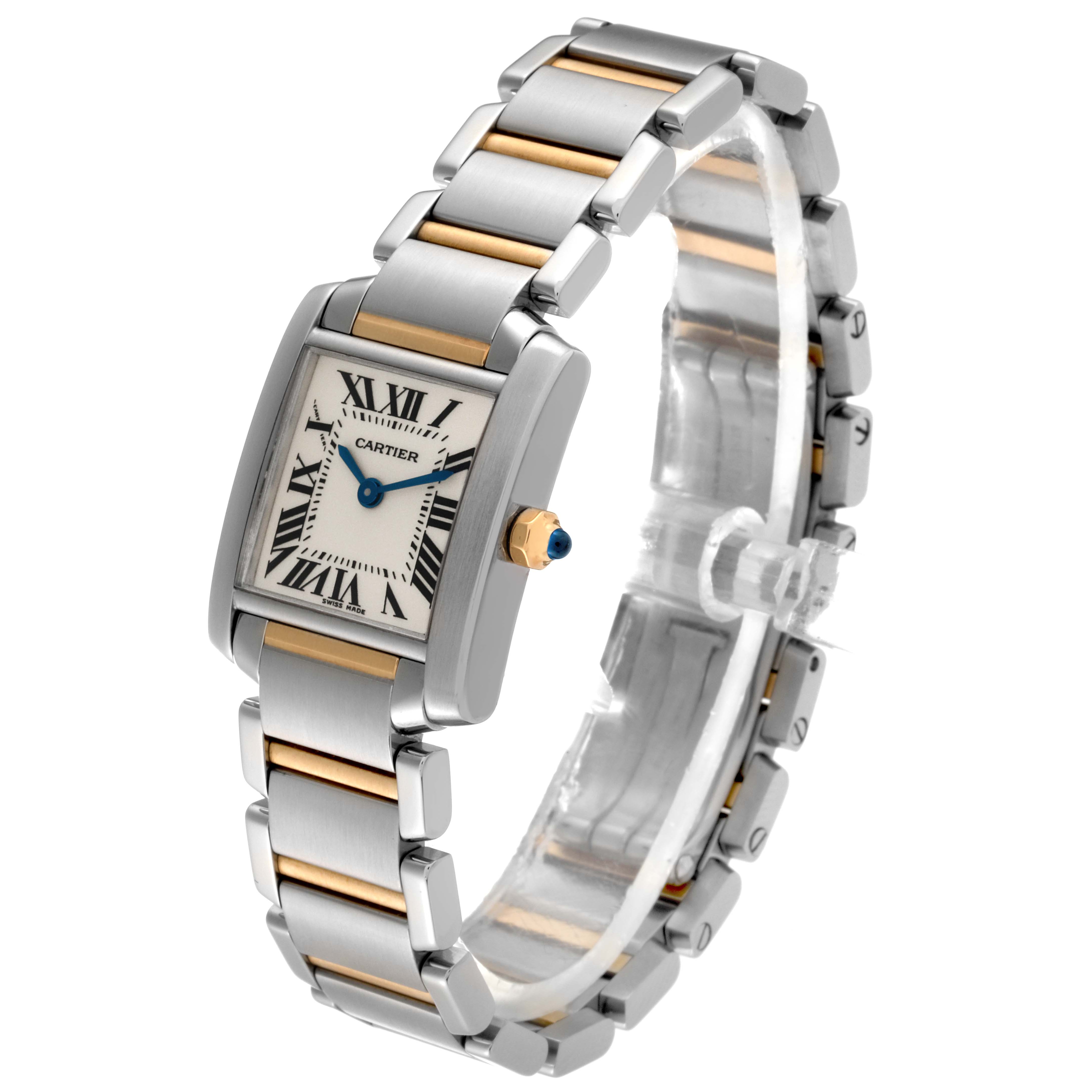 The image shows a Cartier Tank Française watch angled to display its face, bracelet, and crown.