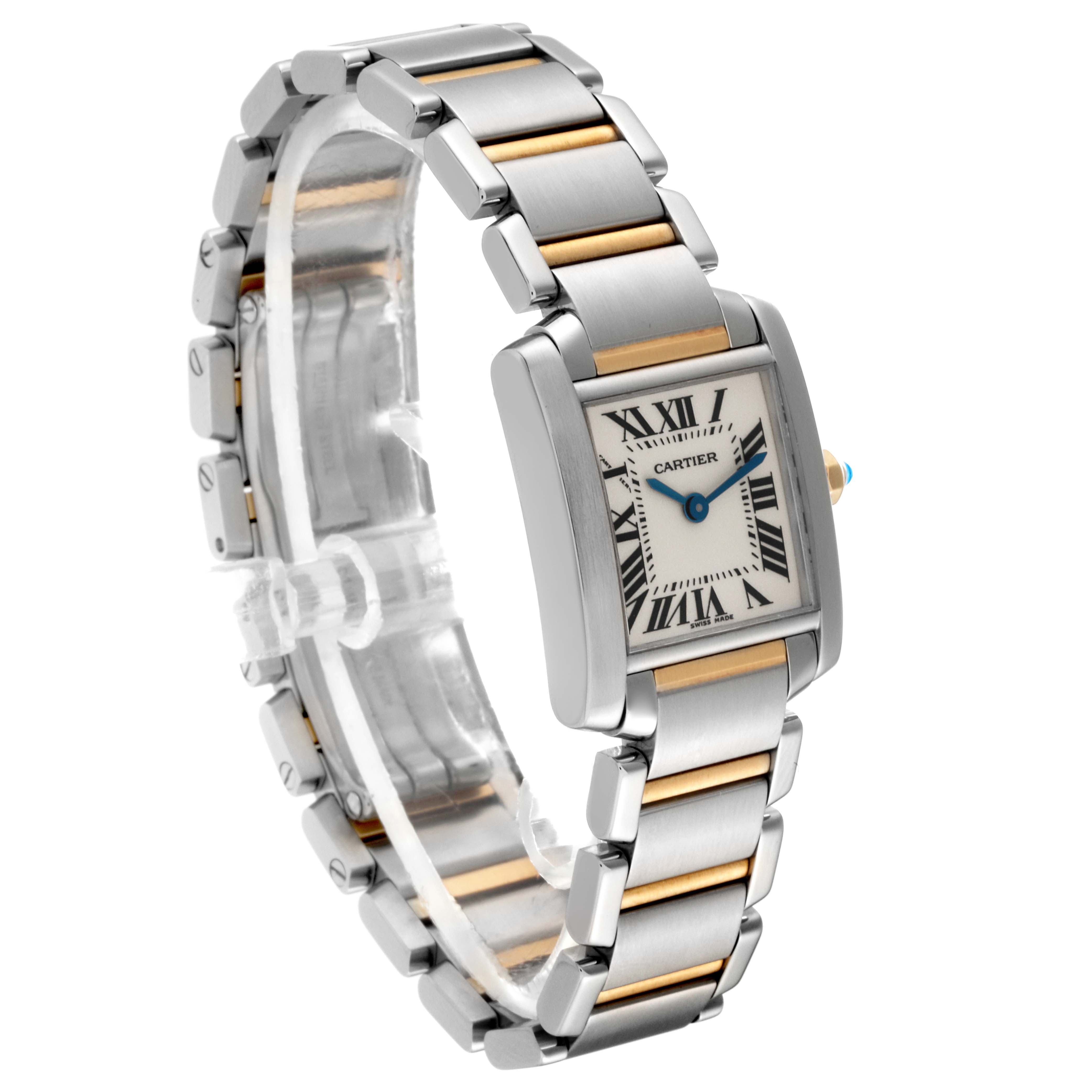 The Cartier Tank Francaise W51007Q4 Women's Stainless Steel Silver Dial W51007Q4 Women's Stainless Steel Silver Dial watch is shown at a three-quarter angle, displaying its face, bezel, bracelet, and deployment clasp.