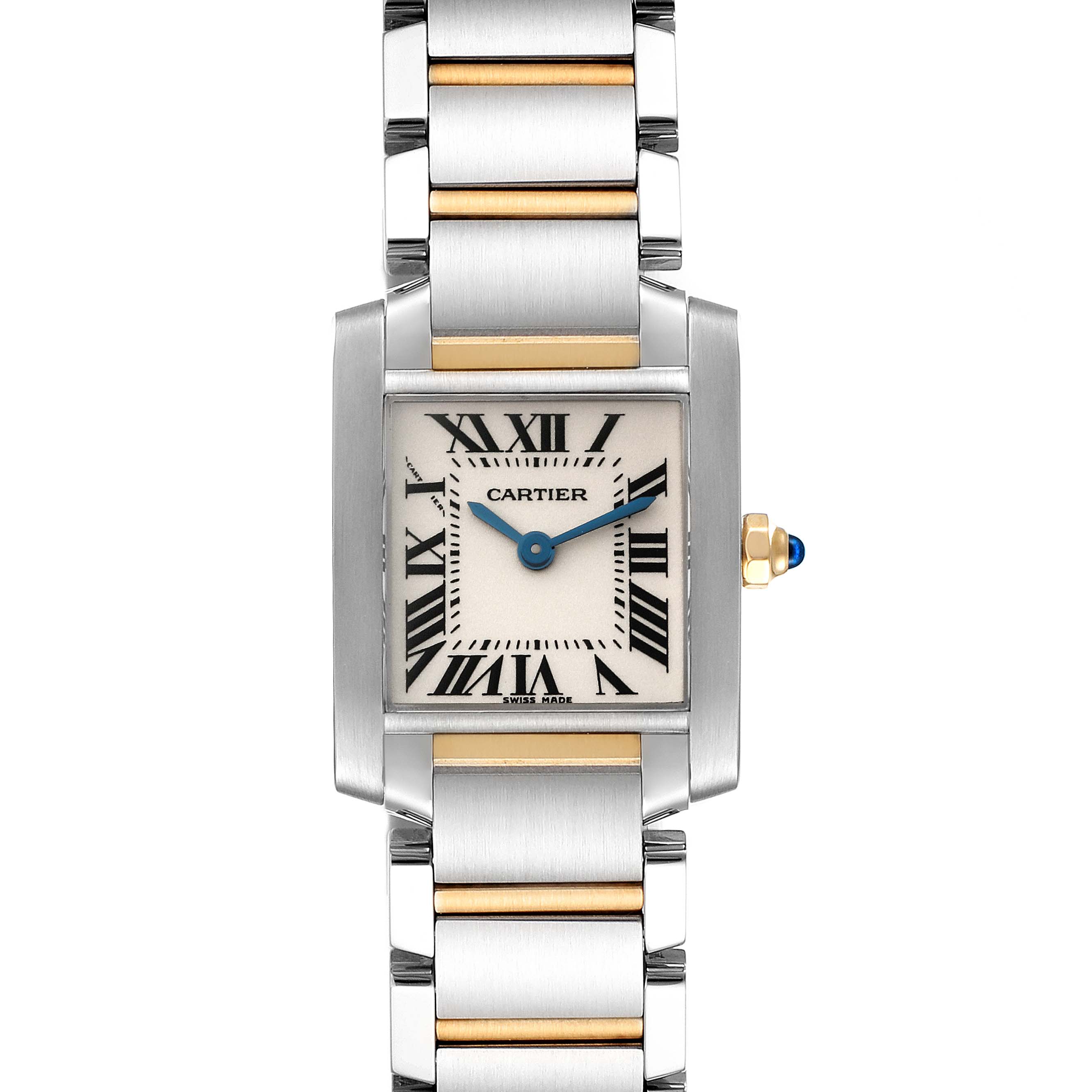 The image shows a front view of a Cartier Tank Francaise W51007Q4 Women's Stainless Steel Silver Dial W51007Q4 Women's Stainless Steel Silver Dial watch displaying the face and bracelet.