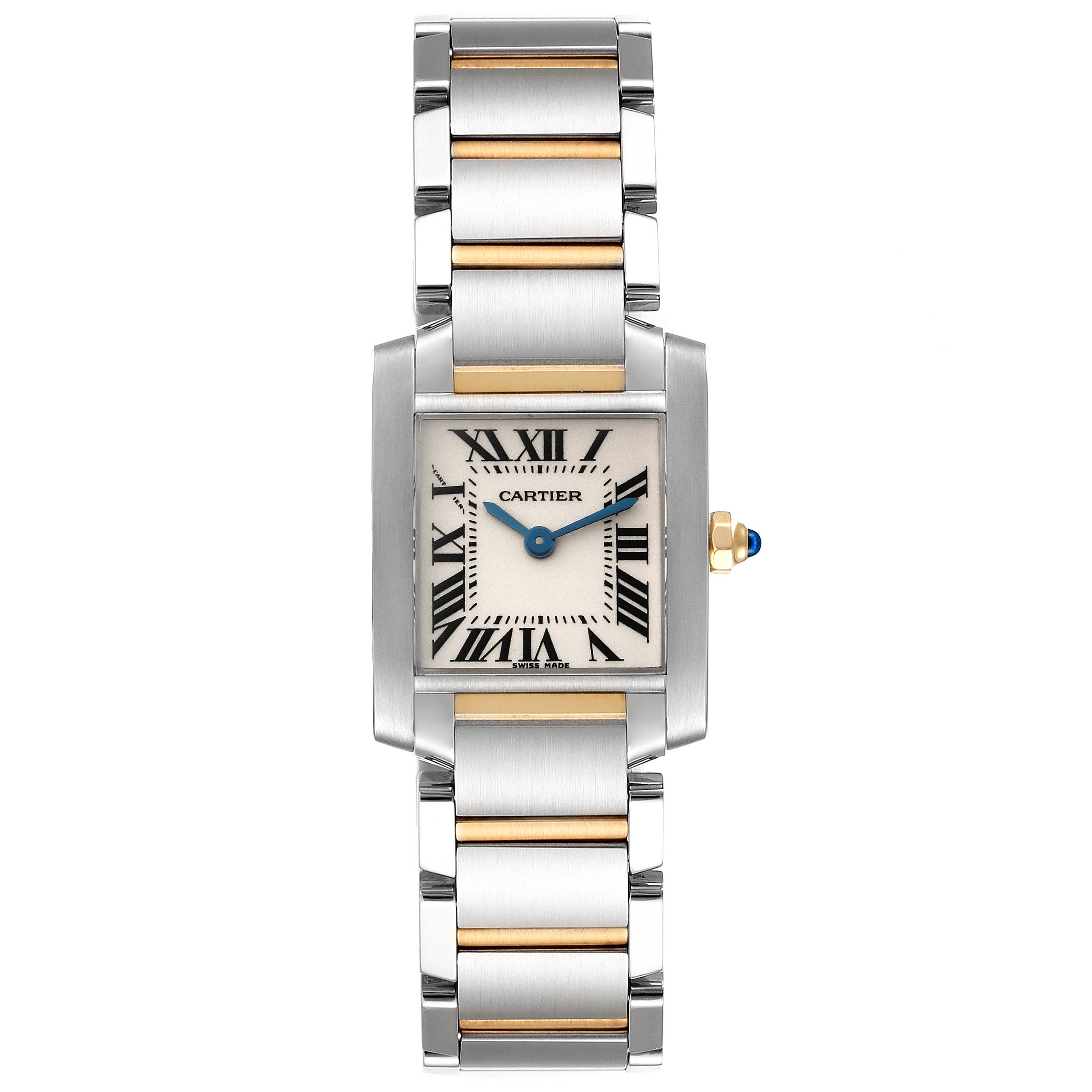 The Cartier Tank Française is shown from a top-down angle, showcasing its rectangular face and two-tone bracelet.