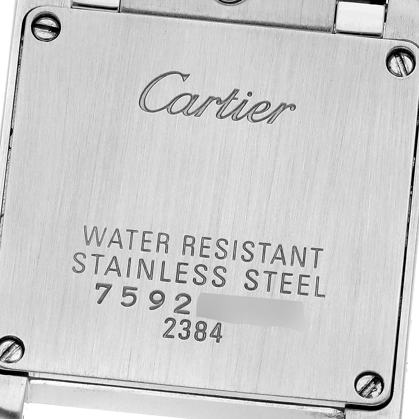 This image shows the back case of a Cartier Tank Francaise W51007Q4 Women's Stainless Steel Silver Dial W51007Q4 Women's Stainless Steel Silver Dial watch, highlighting the brand and model details.