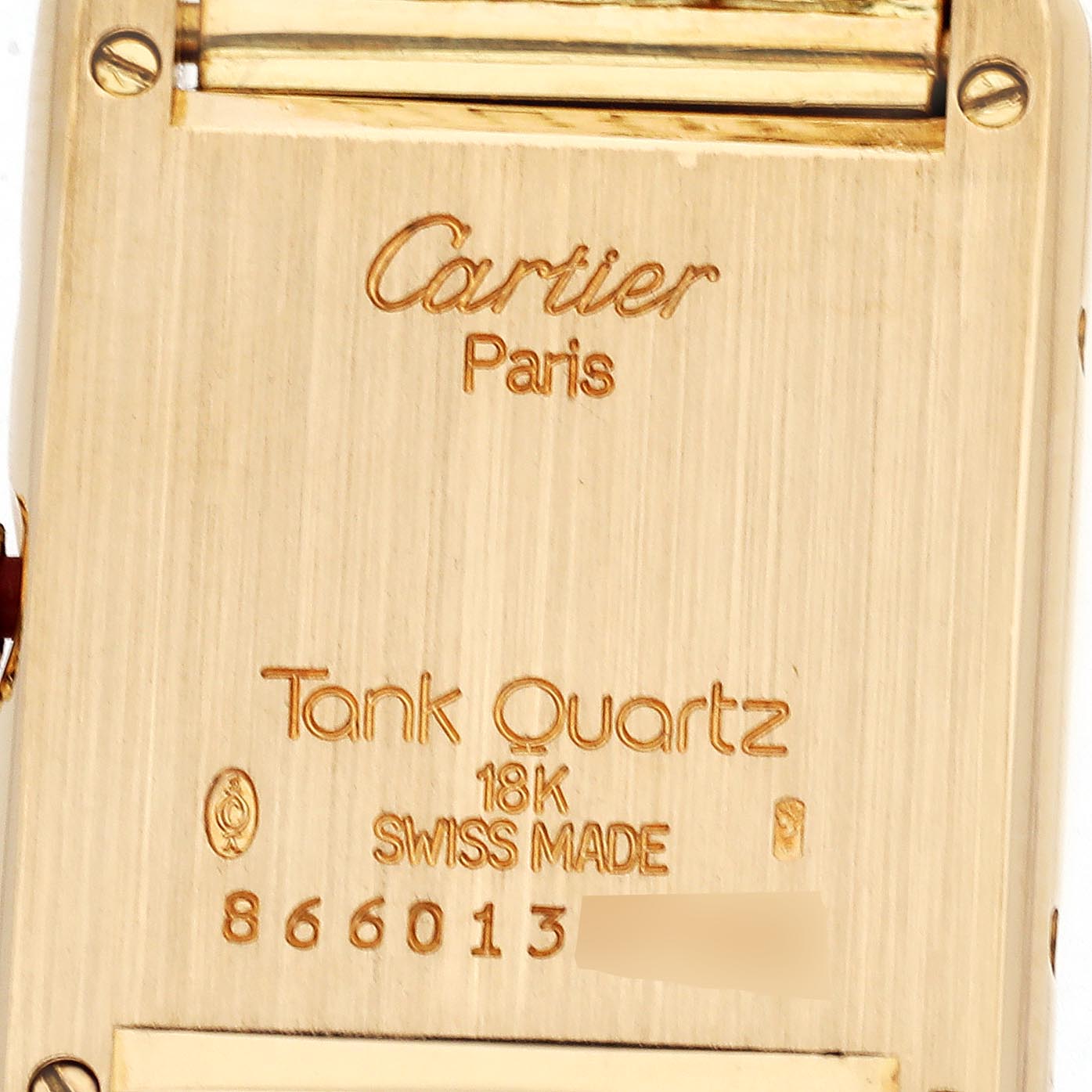 The image shows the back of a Cartier Tank Louis WA2005C7 / 1150 Women's Yellow Gold White Dial WA2005C7 / 1150 Women's Yellow Gold White Dial watch, displaying engravings and model details.