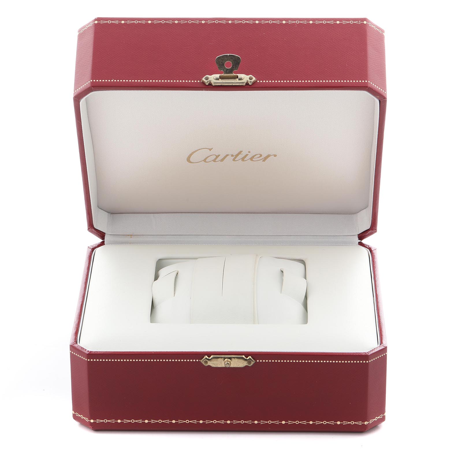 The image shows an open Cartier box for the Tank Louis model watch, highlighting the interior and logo.