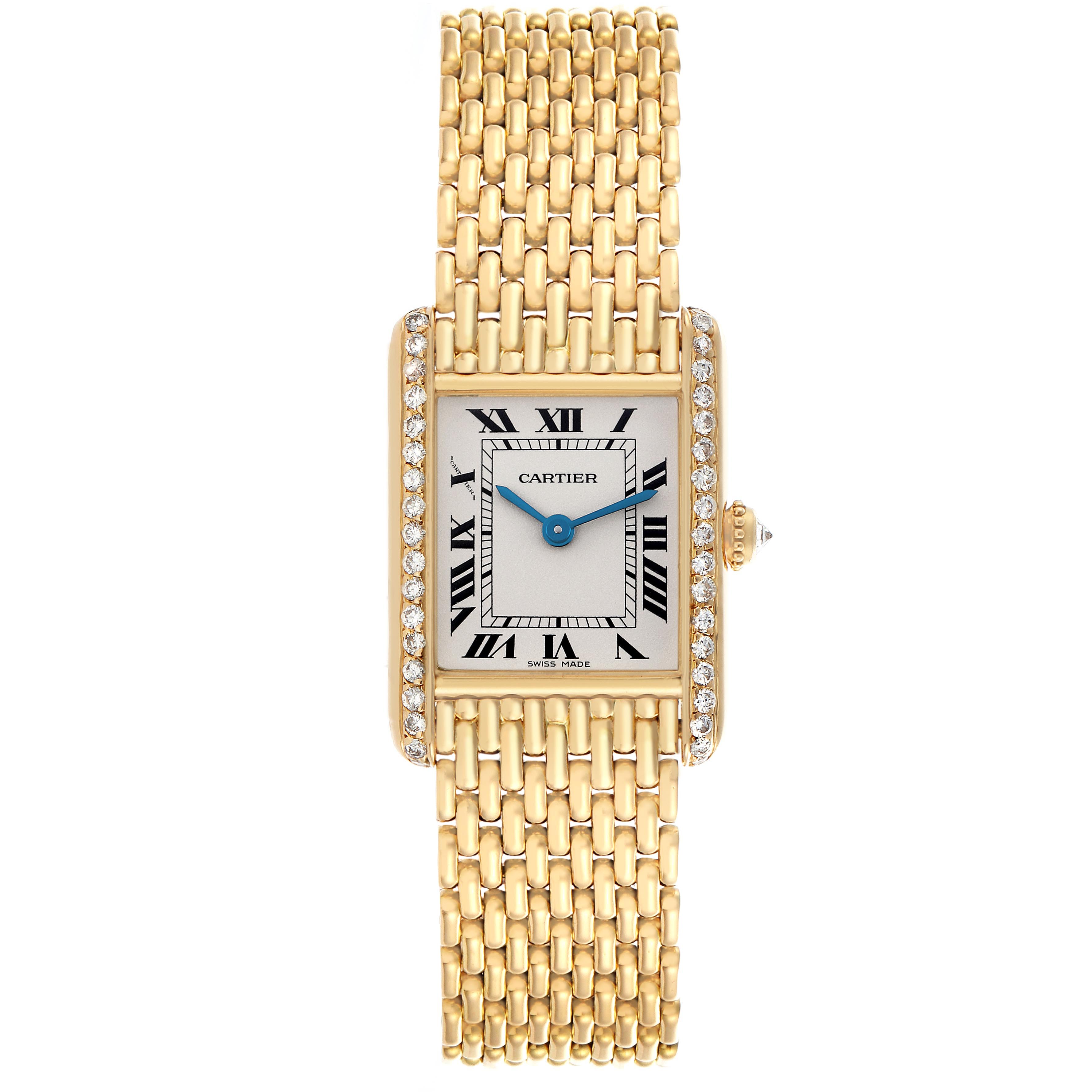 The Tank Louis by Cartier is shown from the front, displaying the rectangular face, Roman numerals, diamond-set edges, and gold bracelet.