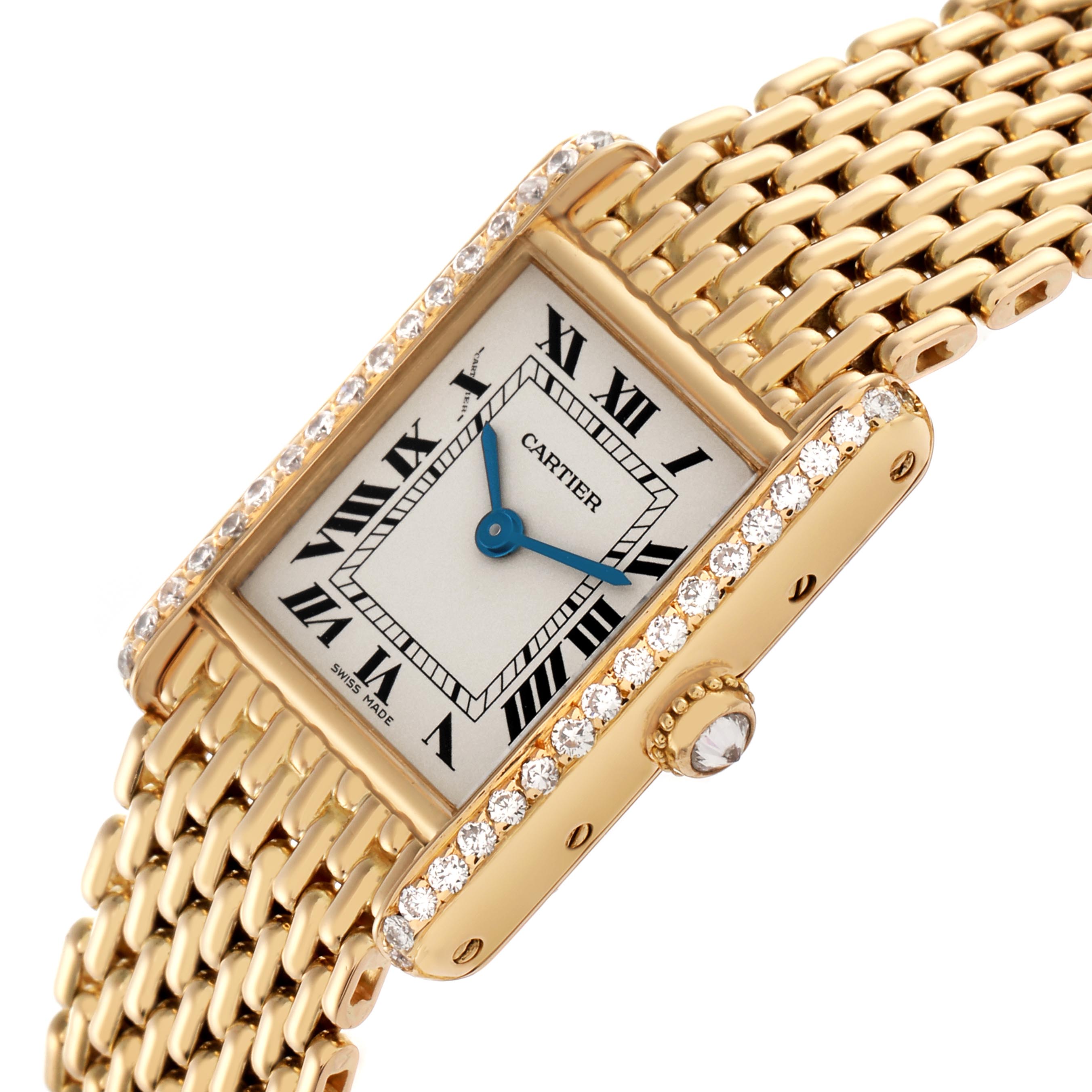 The Cartier Tank Louis WA2005C7 / 1150 Women's Yellow Gold White Dial WA2005C7 / 1150 Women's Yellow Gold White Dial watch is shown at an angled view, highlighting its gold case, diamond bezel, and linked bracelet.