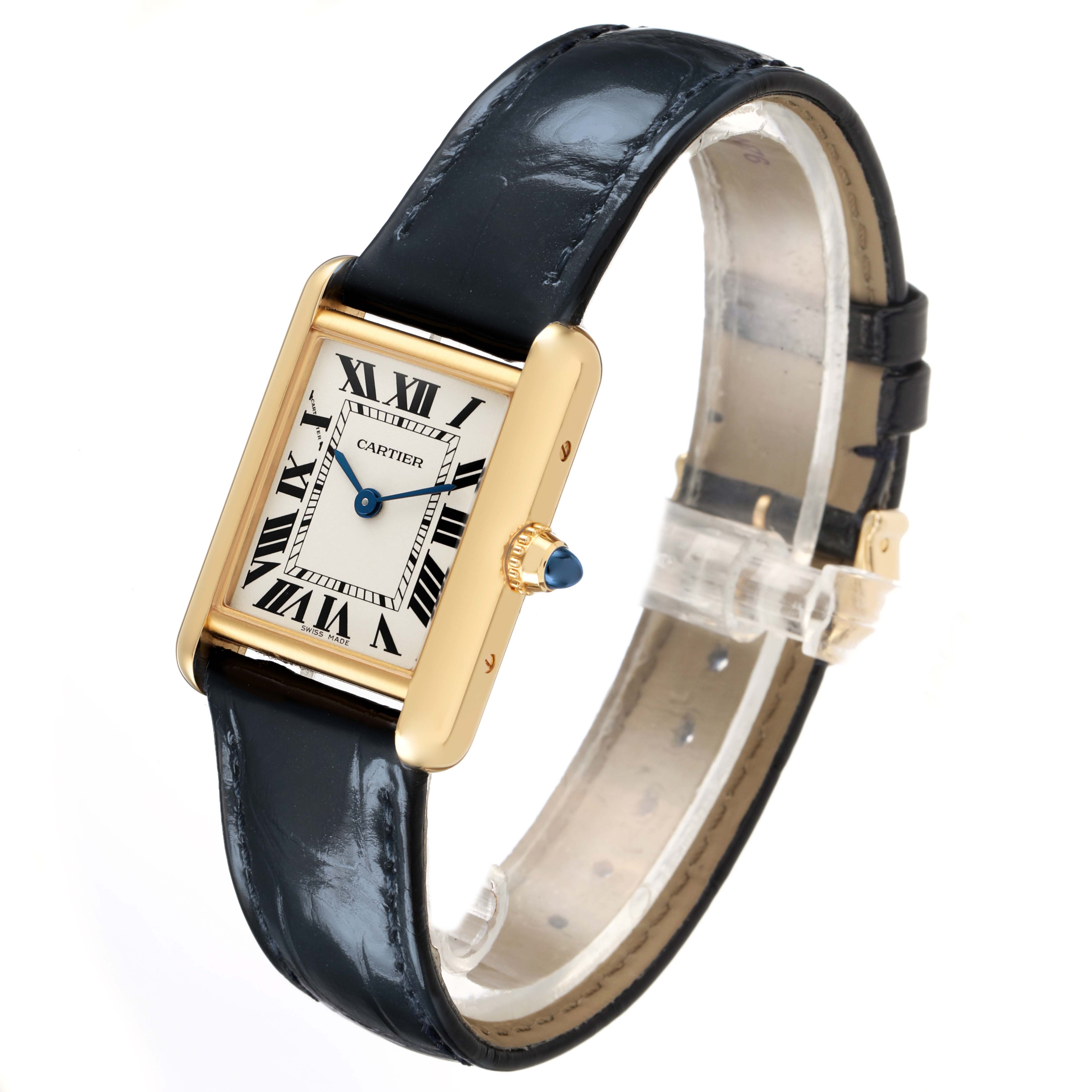 The Cartier Tank Louis WGTA0342 Women's Yellow Gold Silver Dial watch is shown at an angled view, displaying the face, side profile, and strap.