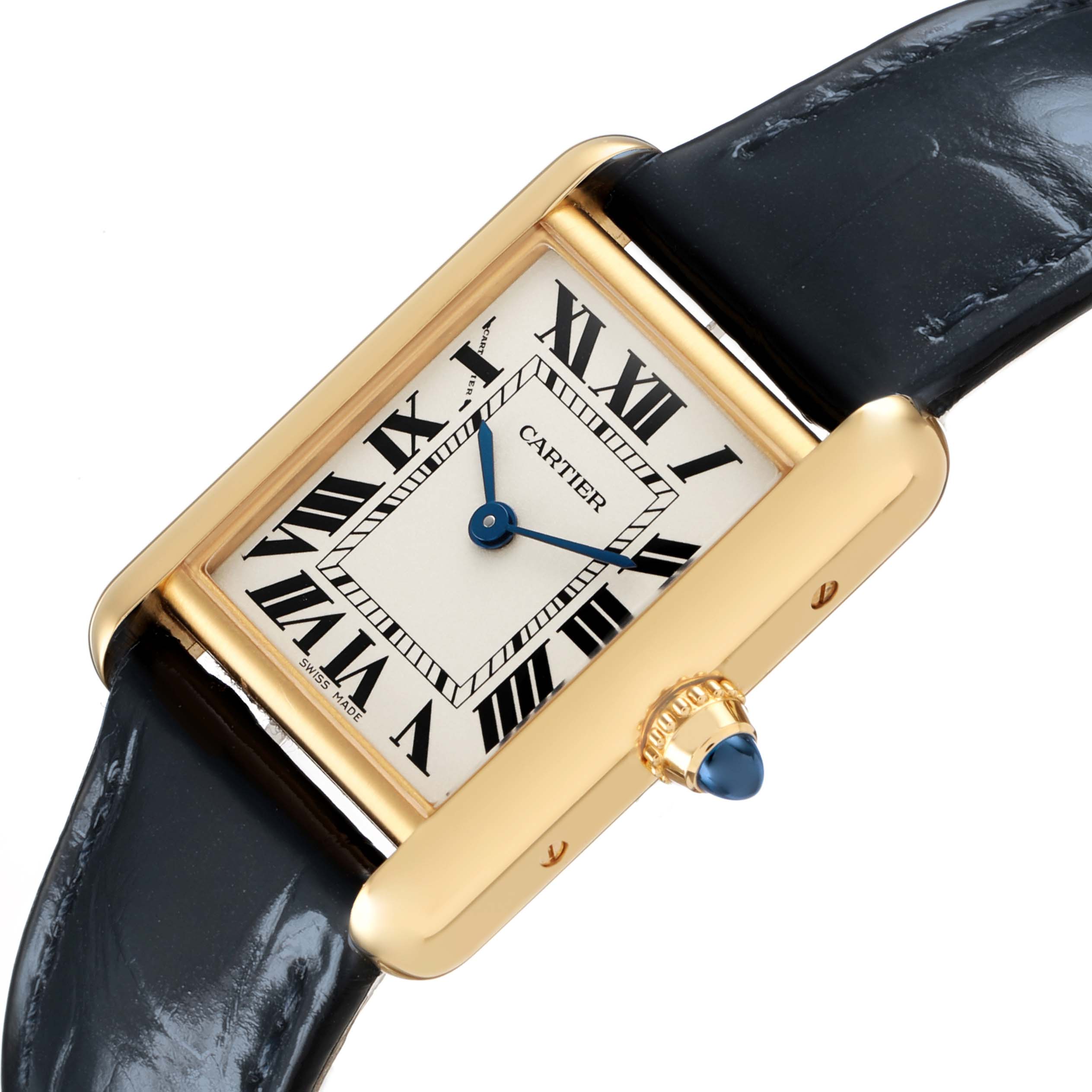 The Cartier Tank Louis WGTA0342 Women's Yellow Gold Silver Dial watch is shown from an angled top-down view, highlighting its rectangular gold case, Roman numeral dial, and blue cabochon crown.