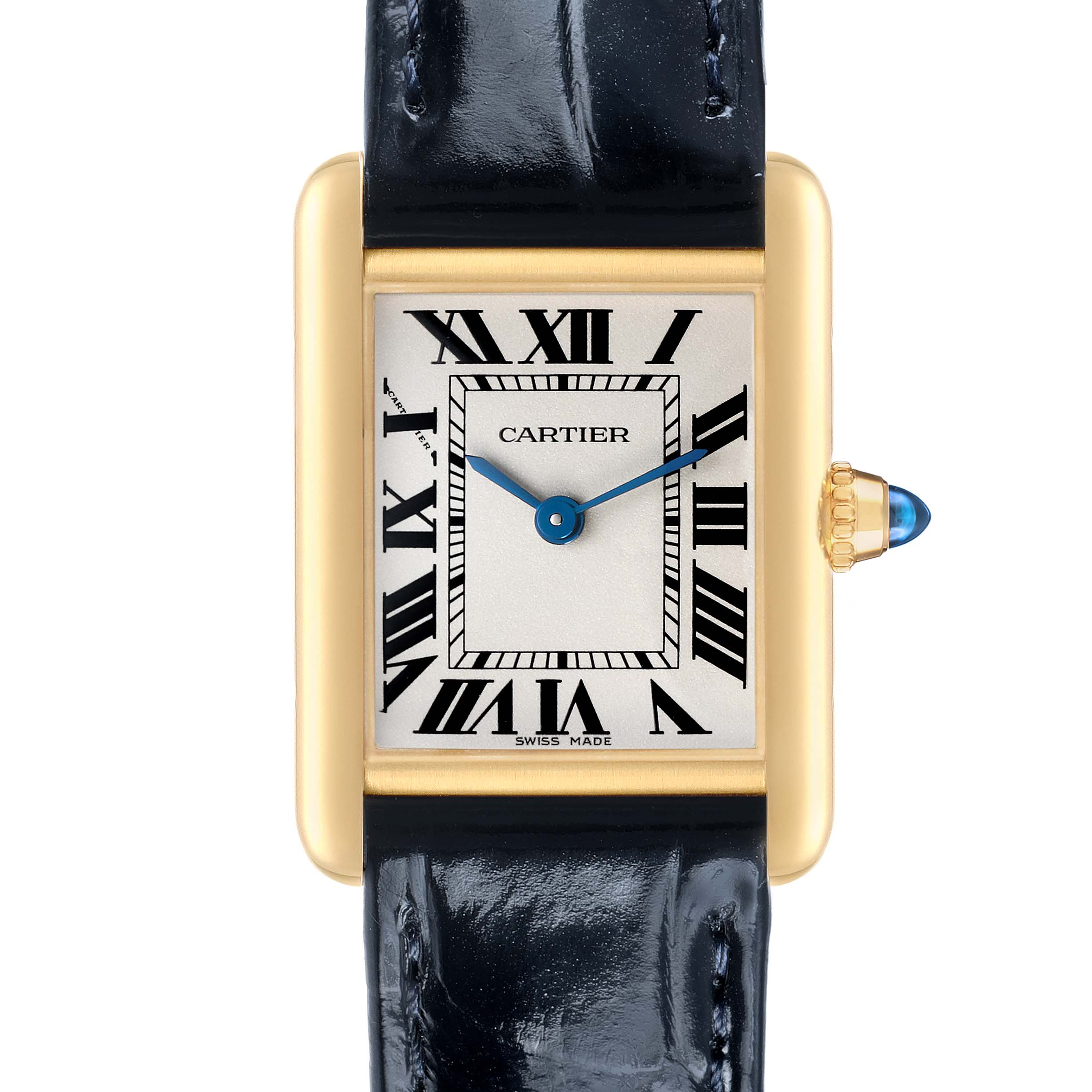 The image shows a front view of the Cartier Tank Louis WGTA0342 Women's Yellow Gold Silver Dial watch, highlighting the face, Roman numerals, and sapphire crown.