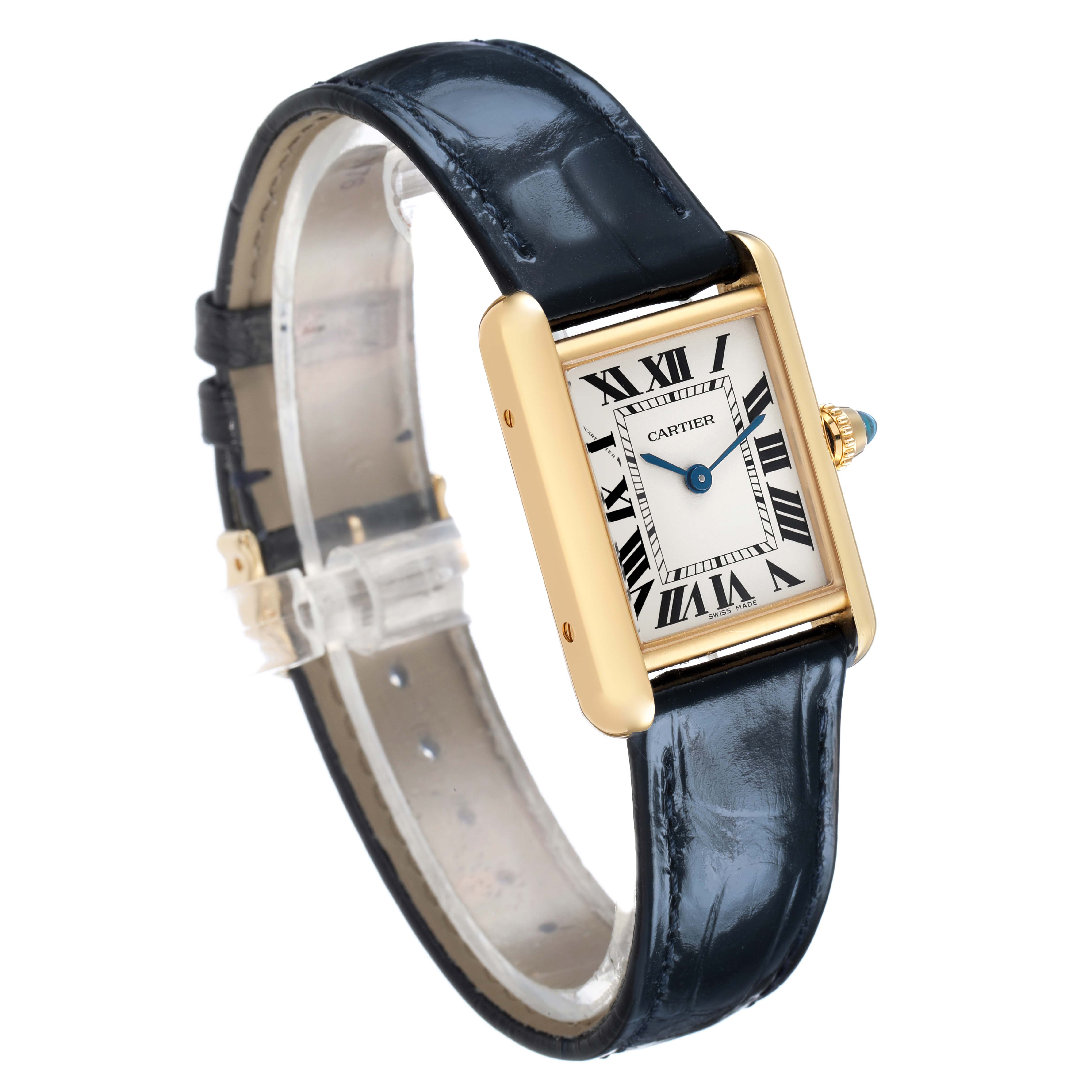 The Cartier Tank Louis WGTA0342 Women's Yellow Gold Silver Dial watch is shown at a three-quarter angle, displaying its face, case, strap, and crown.