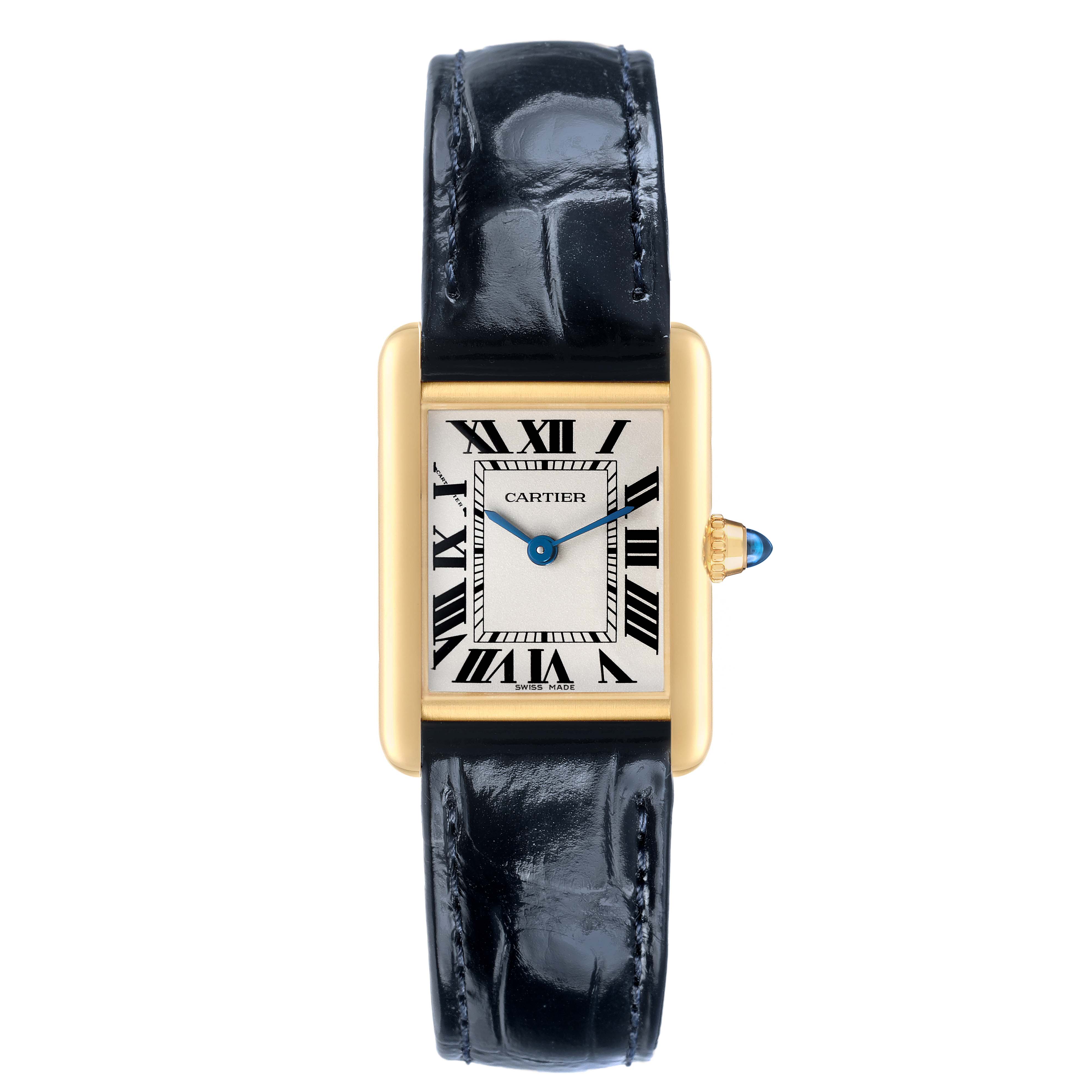 The Cartier Tank Louis WGTA0342 Women's Yellow Gold Silver Dial watch is shown from the front, displaying the face, Roman numerals, gold case, blue hands, and black strap.
