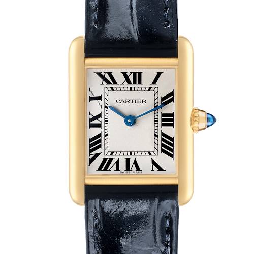 The Cartier Tank Louis WGTA0342 Women's Yellow Gold Silver Dial watch is shown from a front angle, highlighting the rectangular face, Roman numerals, and a blue cabochon crown.