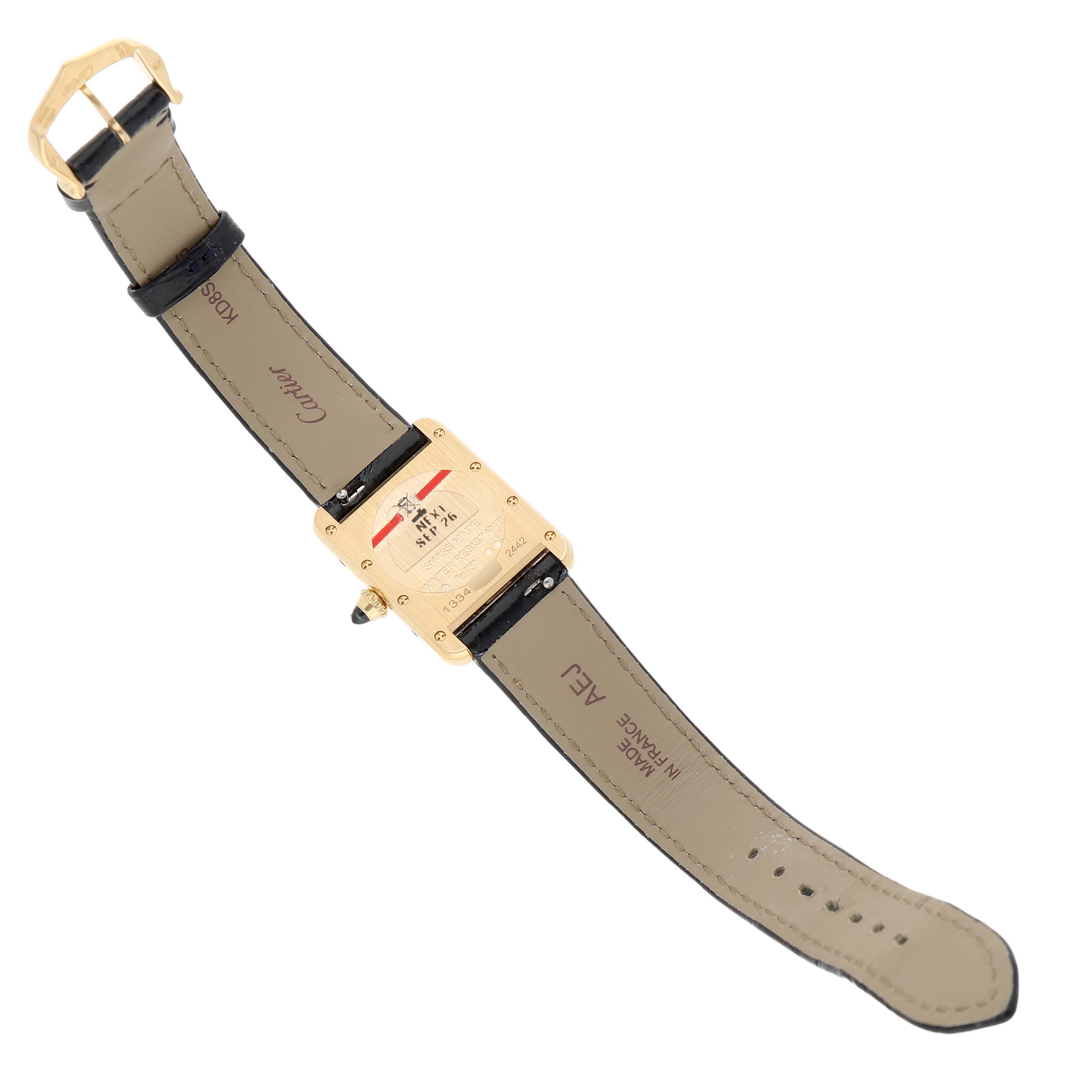 The image shows the back view of a Cartier Tank Louis WGTA0342 Women's Yellow Gold Silver Dial watch, highlighting its case back and leather strap.