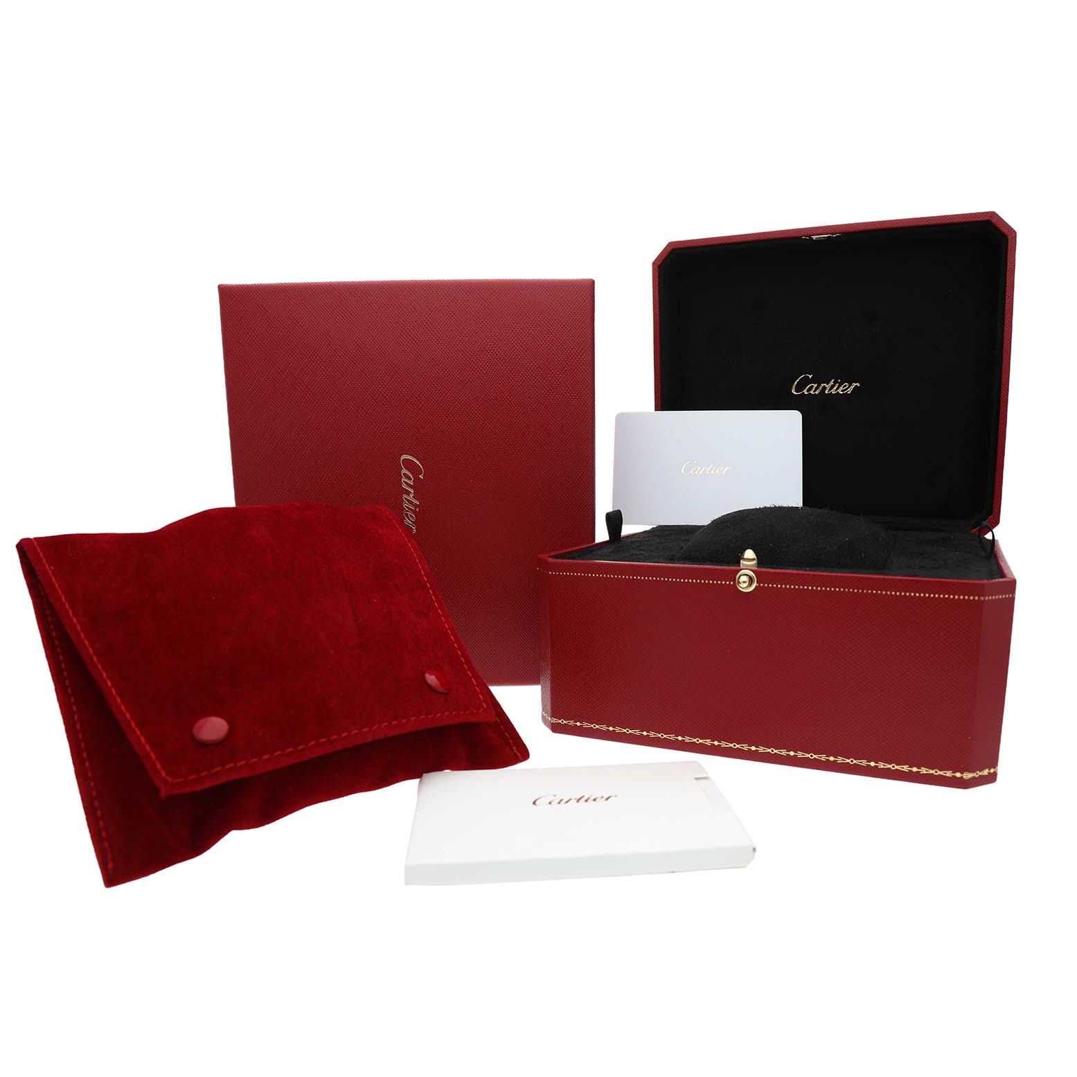 The Cartier Tank Louis WGTA0342 Women's Yellow Gold Silver Dial model accessories are seen from the front, showing a red box, a pouch, and manuals.