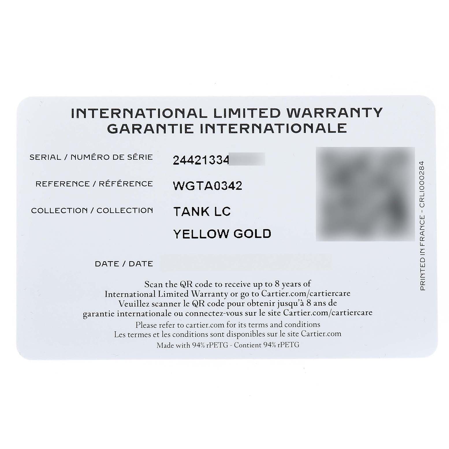This image shows an International Limited Warranty card for the Cartier Tank Louis WGTA0342 Women's Yellow Gold Silver Dial watch, featuring details like serial and reference numbers.