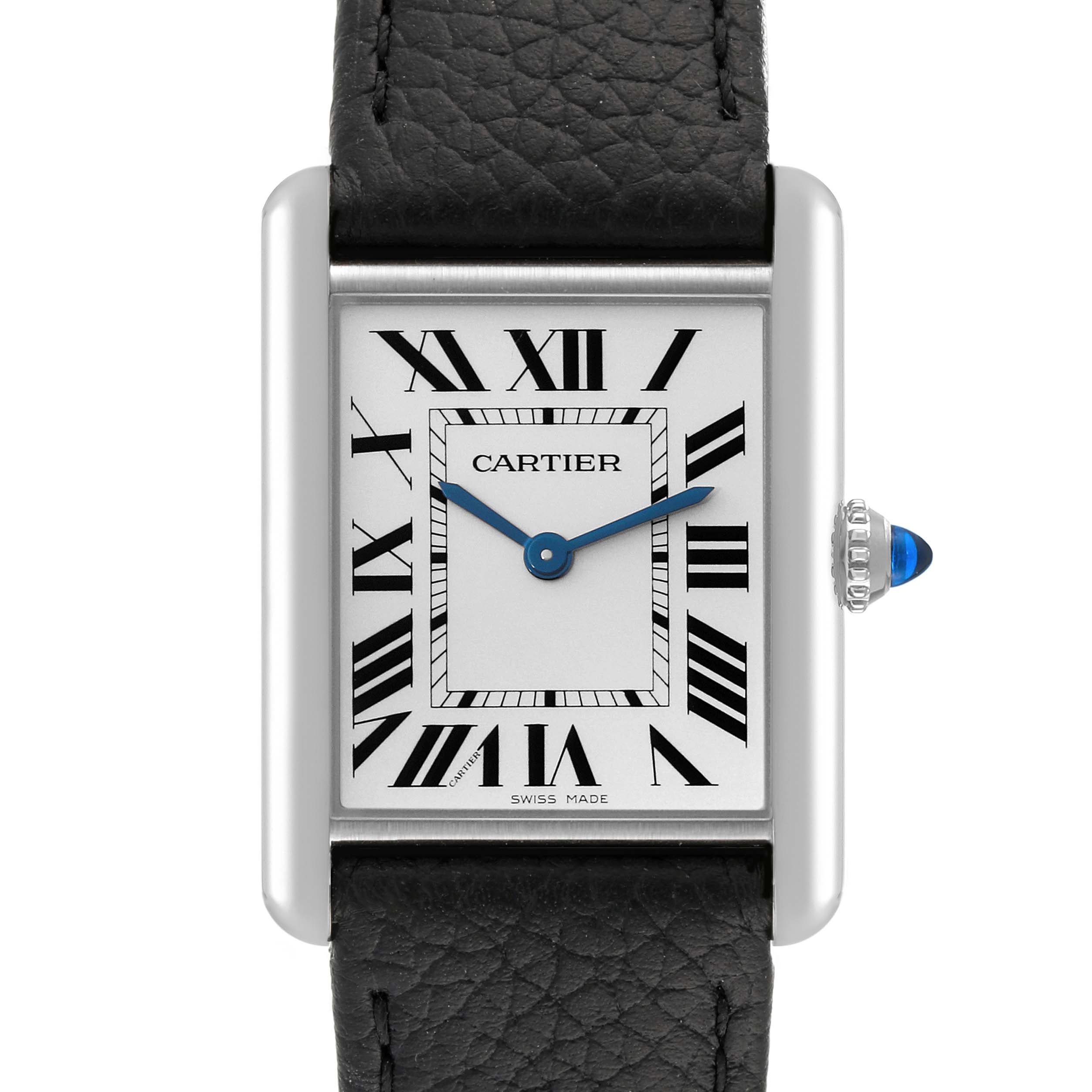 This Cartier Tank Must WSTA0041 Women's Stainless Steel Silver Dial WSTA0041 Women's Stainless Steel Silver Dial watch is shown from the front, capturing the face, Roman numerals, hands, case, and strap.