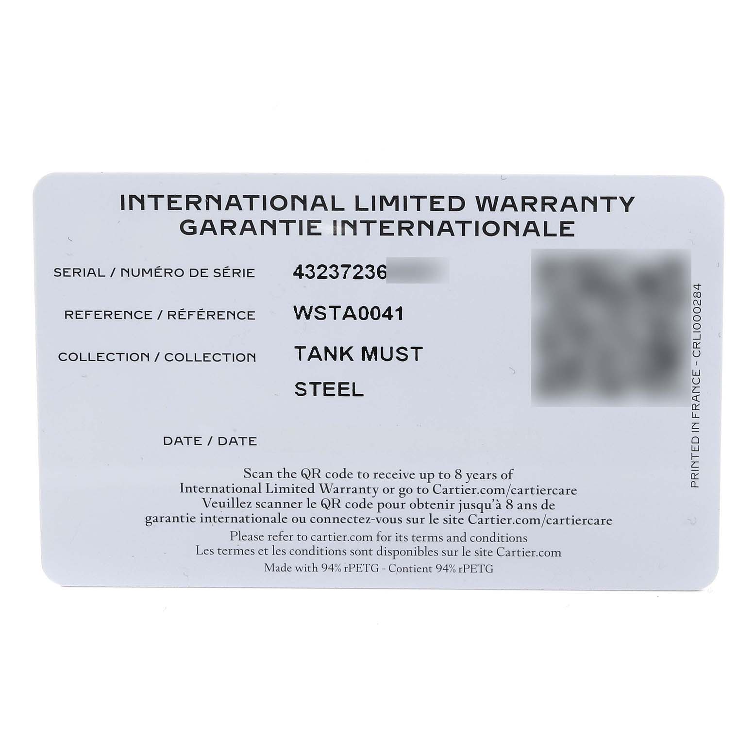 The image shows the international limited warranty card for the Cartier Tank Must WSTA0041 Women's Stainless Steel Silver Dial WSTA0041 Women's Stainless Steel Silver Dial watch model.