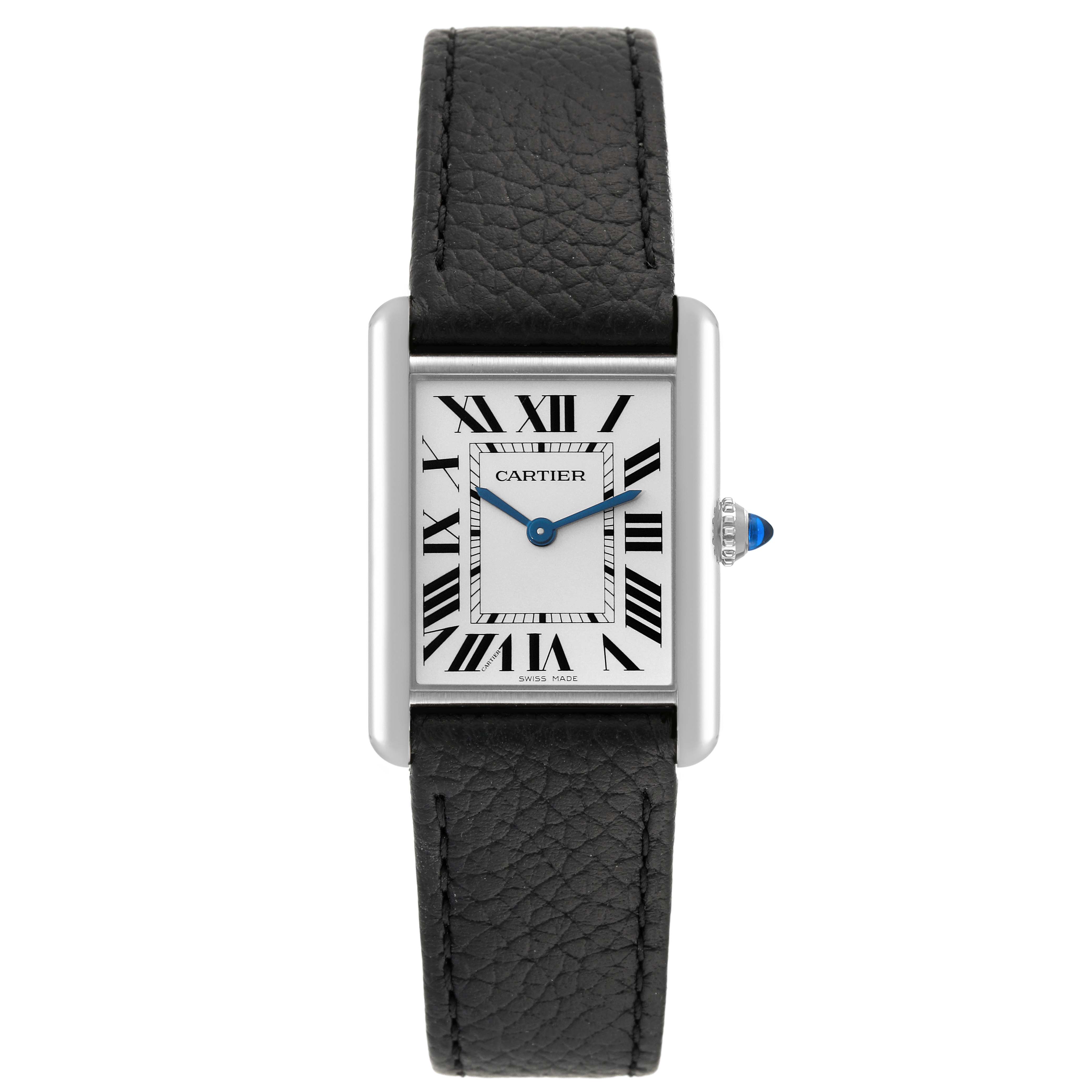 This image shows a front view of the Cartier Tank Must WSTA0041 Women's Stainless Steel Silver Dial WSTA0041 Women's Stainless Steel Silver Dial watch, highlighting its face, hands, and leather strap.