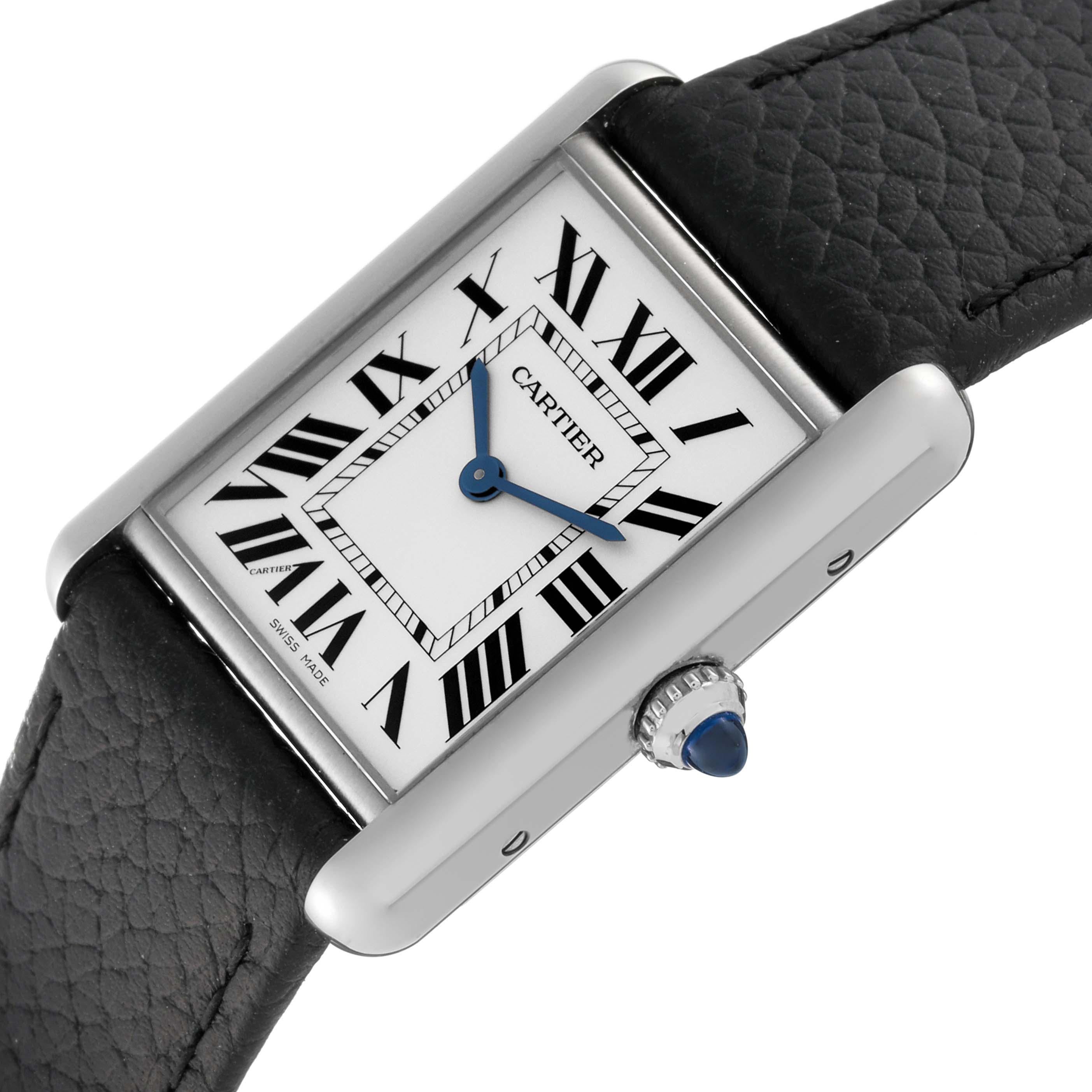 The image shows a top view of the Cartier Tank Must WSTA0041 Women's Stainless Steel Silver Dial WSTA0041 Women's Stainless Steel Silver Dial watch, highlighting the face, Roman numerals, and crown with a blue gem.