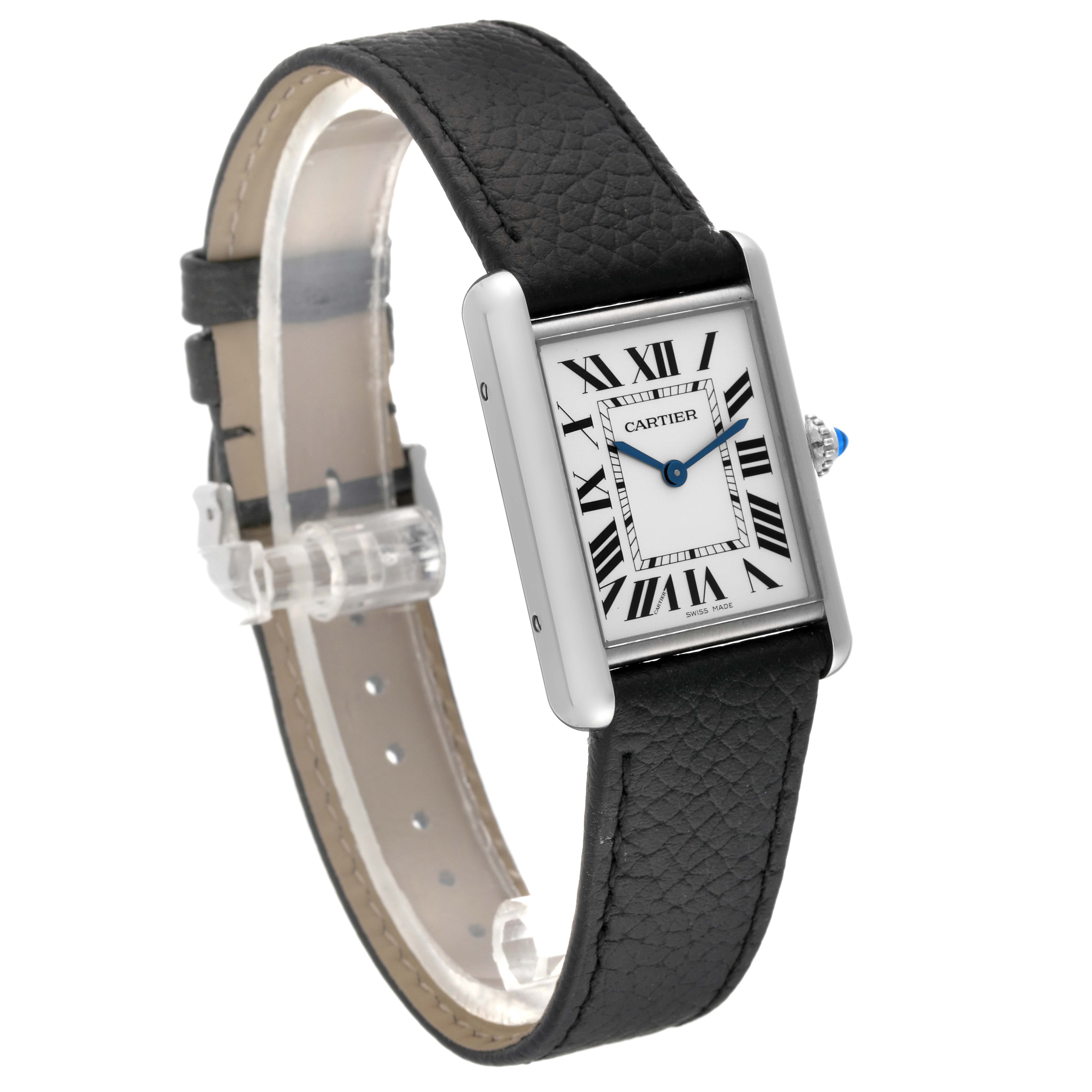 The Cartier Tank Must WSTA0041 Women's Stainless Steel Silver Dial WSTA0041 Women's Stainless Steel Silver Dial watch is shown from a slightly tilted angle, displaying the face, bezel, and strap.