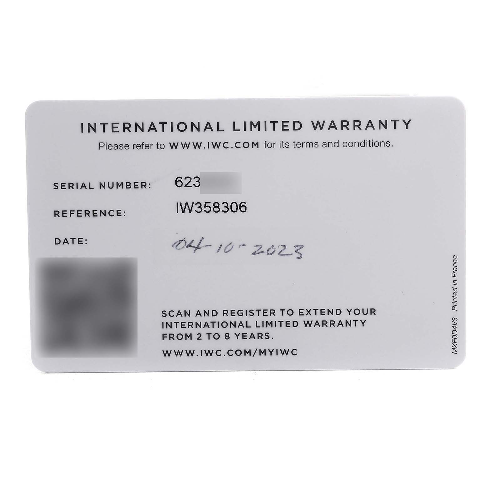 This image shows the international limited warranty card for an IWC Portuguese IW358306 Men's Rose Gold Silver Dial model watch.